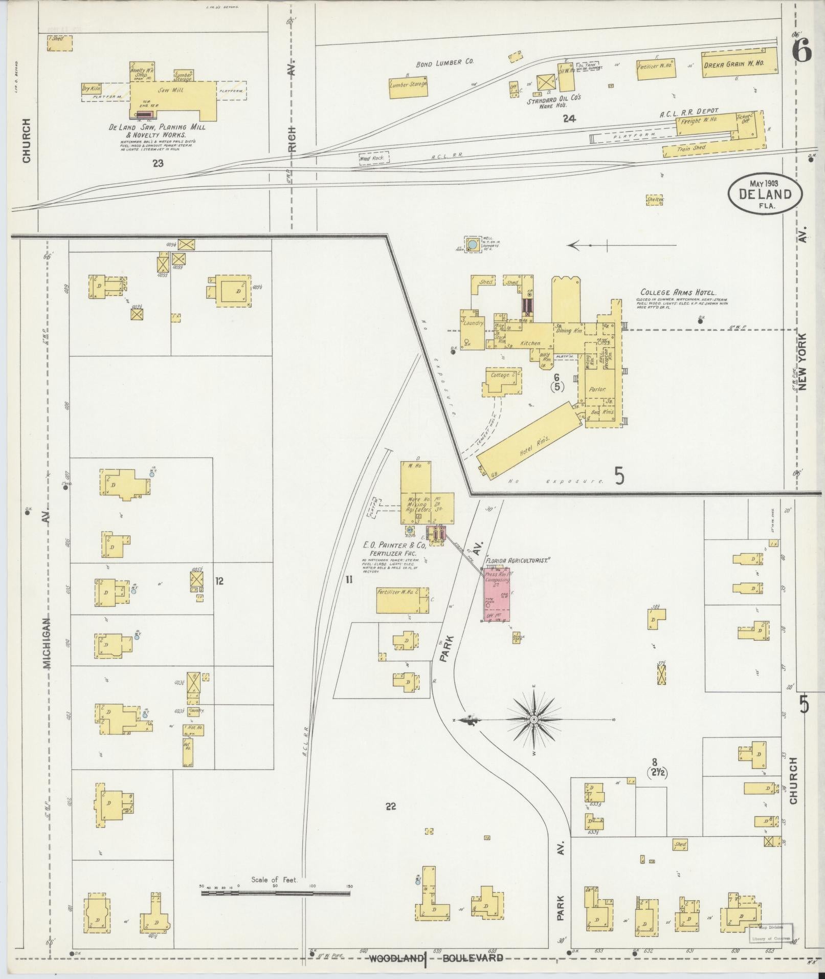 Sanborn Fire Insurance Map from De Land, Volusia County, Florida (1903), Sheet #0006 - Complete Map Set gallery image, historic Sanborn map, vintage wall art, Florida Florida