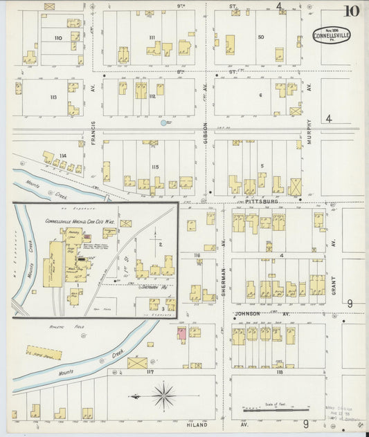 Sanborn Fire Insurance Map from Connellsville, Fayette County, Pennsylvania (1896), Sheet #0010 - Historic Sanborn Fire Insurance Map Print, vintage old map wall art, antique decor, genealogy gift, Pennsylvania Pennsylvania map