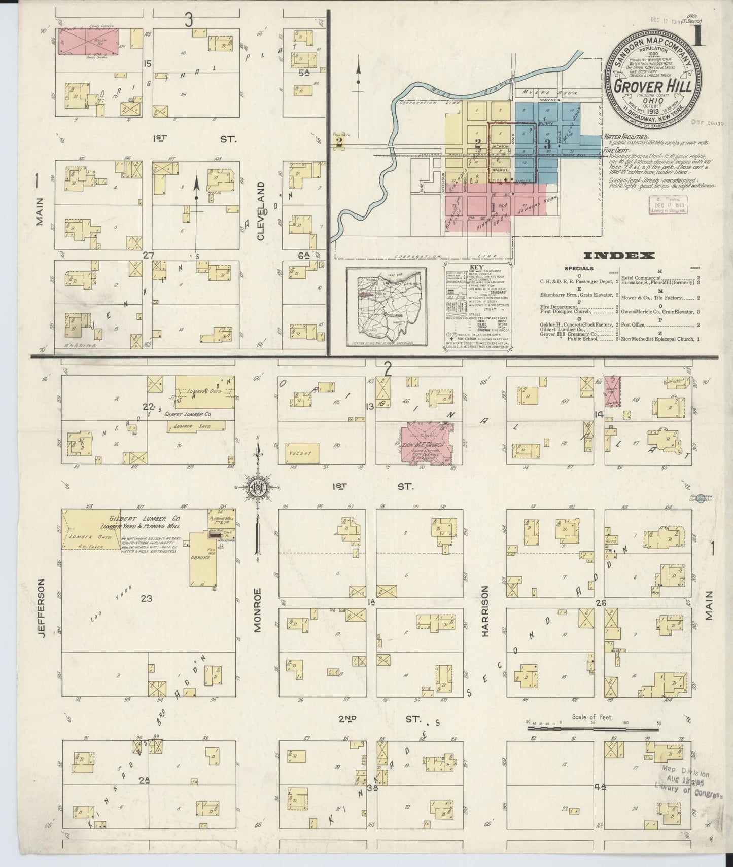 Sanborn Fire Insurance Map from Grover Hill, Paulding County, Ohio (1913), Sheet #0001 - Complete Map Set gallery image, historic Sanborn map, vintage wall art, Ohio Ohio