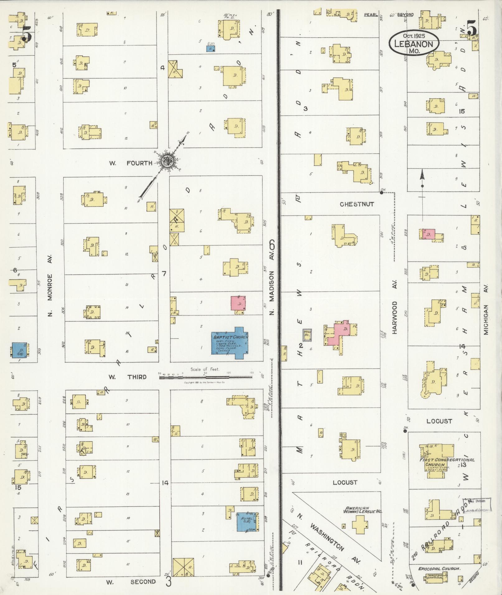 Sanborn Fire Insurance Map from Lebanon, Laclede County, Missouri (1925), Sheet #0005 - Historic Sanborn Fire Insurance Map Print, vintage old map wall art, antique decor, genealogy gift, Missouri Missouri map