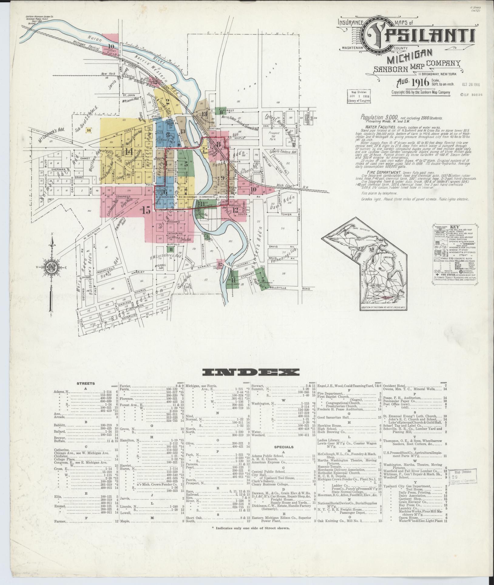 Sanborn Fire Insurance Map from Ypsilanti, Washtenaw County, Michigan (1916), Sheet #0001 - Historic Sanborn Fire Insurance Map Print, vintage old map wall art, antique decor, genealogy gift, Michigan Michigan map