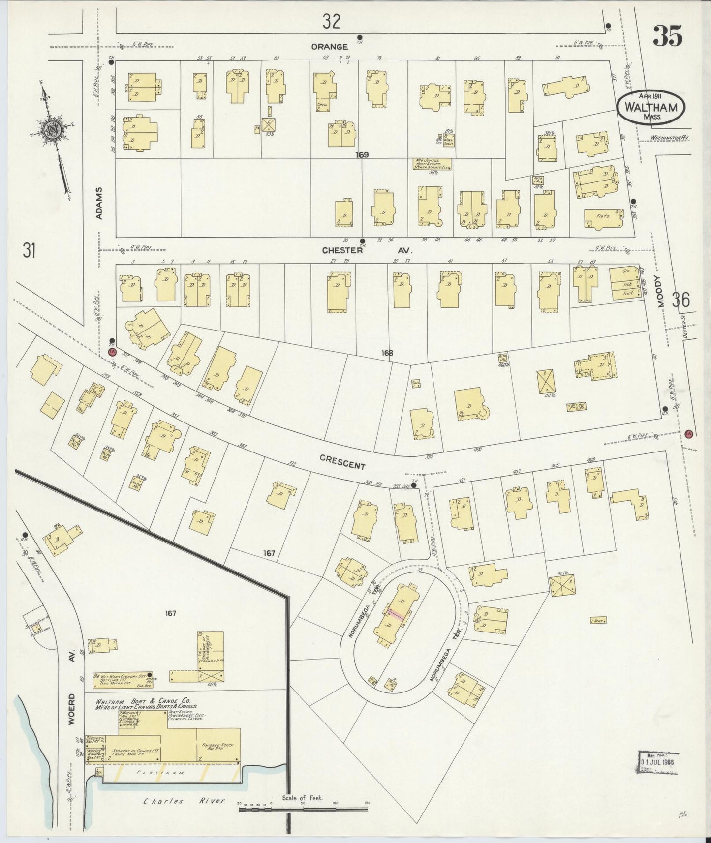 Sanborn Fire Insurance Map from Waltham, Middlesex County, Massachusetts (1911), Sheet #0035 - Complete Map Set gallery image, historic Sanborn map, vintage wall art, Massachusetts Massachusetts