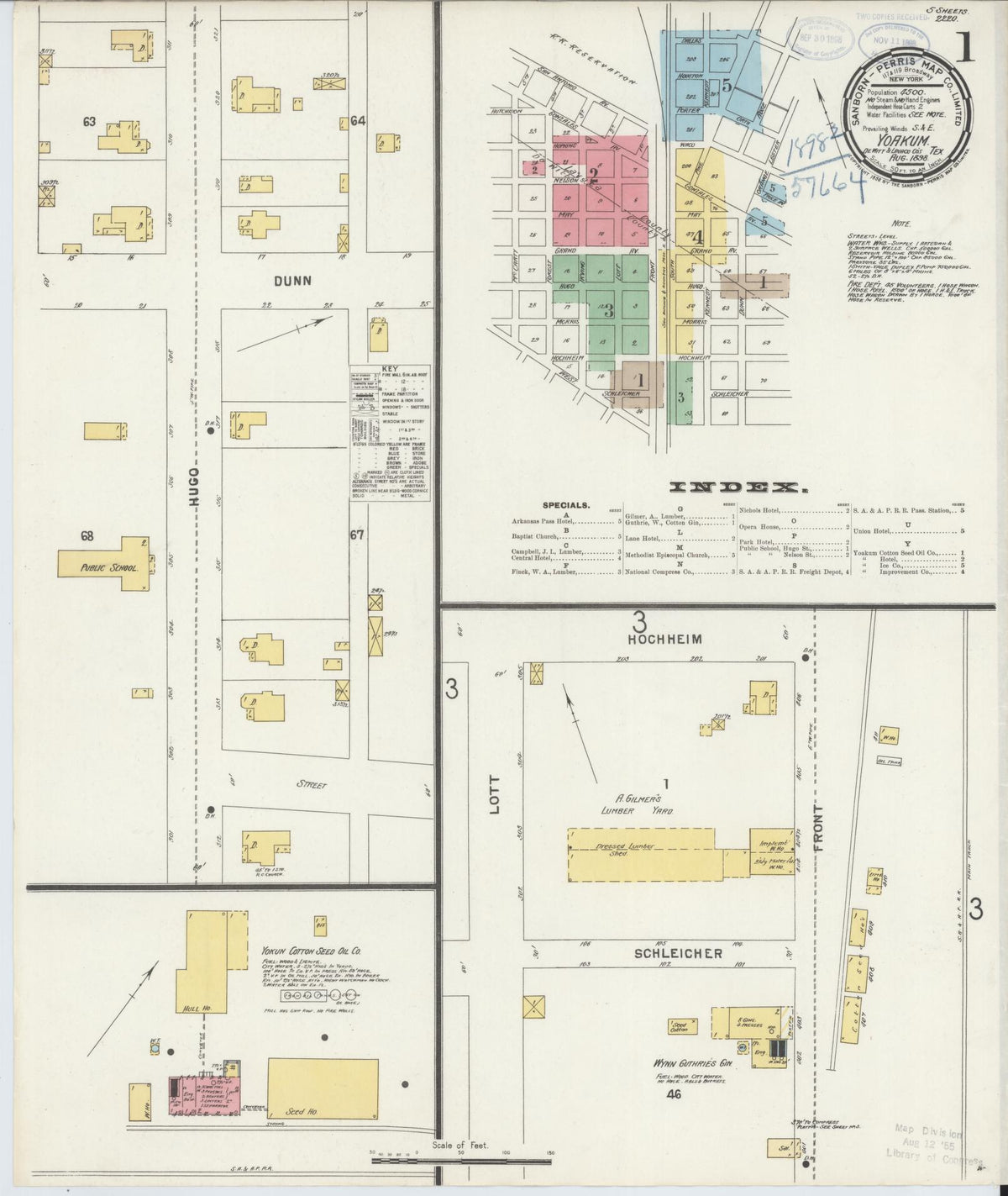 Sanborn Fire Insurance Map from Yoakum, De Witt And Lavaca Counties, Texas (1898), Sheet #0001 - Historic Sanborn Fire Insurance Map Print, vintage old map wall art, antique decor, genealogy gift, Texas Texas map