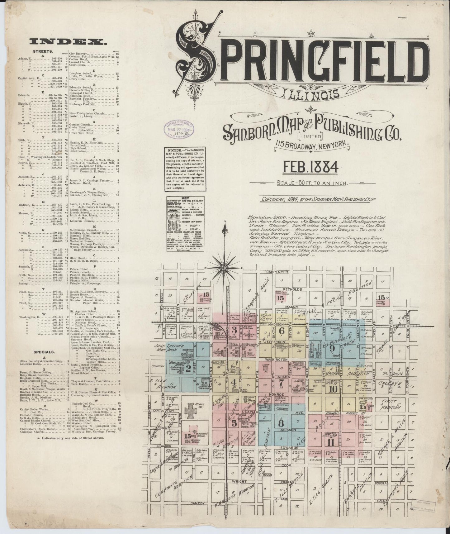 Sanborn Fire Insurance Map from Springfield, Sangamon County, Illinois (1884), Sheet #0001 - Historic Sanborn Fire Insurance Map Print, vintage old map wall art, antique decor, genealogy gift, Illinois Illinois map