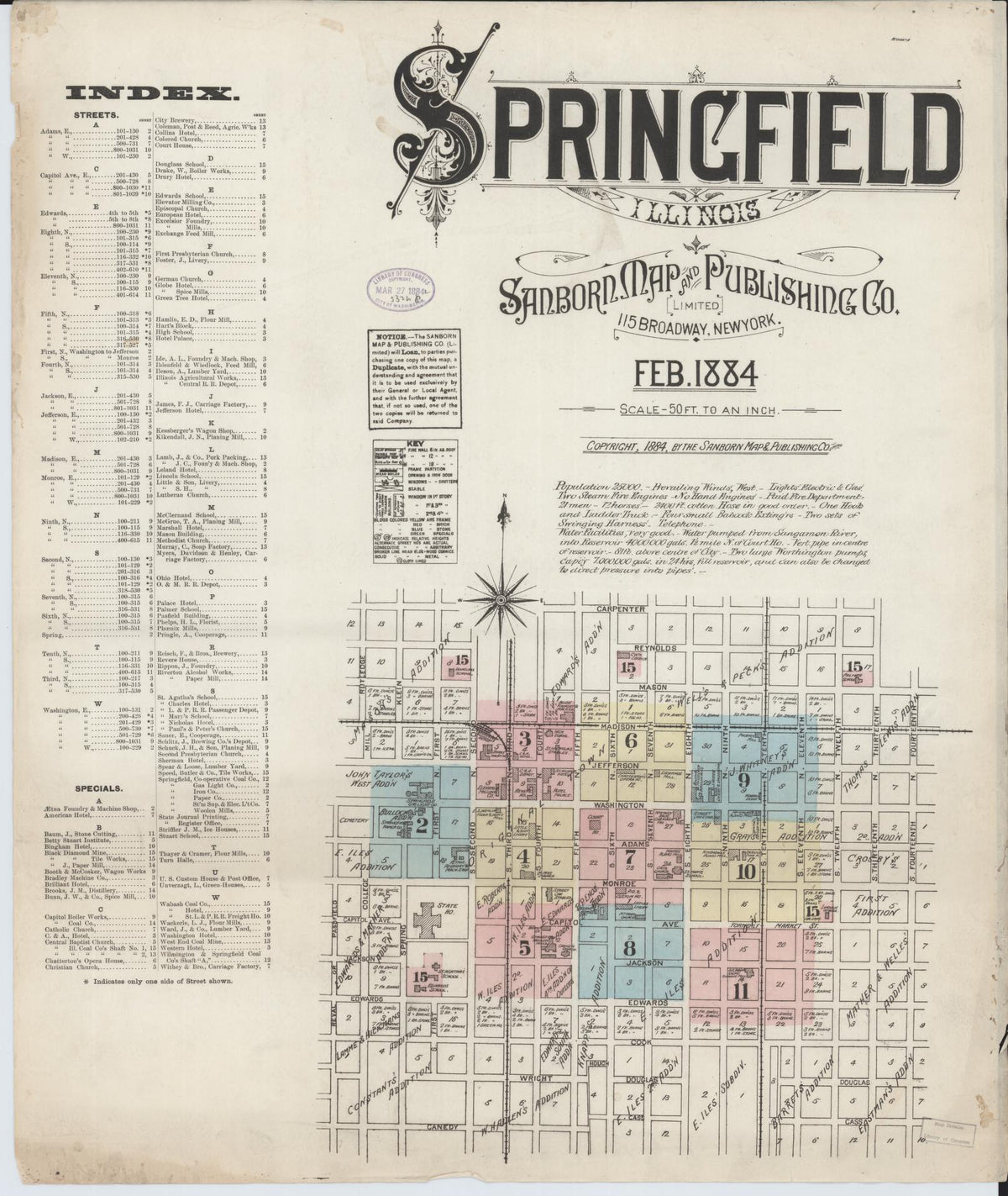 Sanborn Fire Insurance Map from Springfield, Sangamon County, Illinois (1884), Sheet #0001 - Historic Sanborn Fire Insurance Map Print, vintage old map wall art, antique decor, genealogy gift, Illinois Illinois map