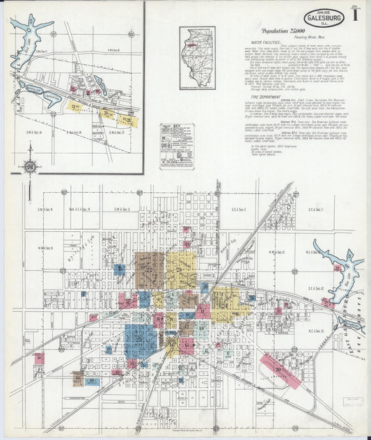 Sanborn Fire Insurance Map from Galesburg, Knox County, Illinois (1918), Sheet #0001 - Historic Sanborn Fire Insurance Map Print, vintage old map wall art, antique decor, genealogy gift, Illinois Illinois map