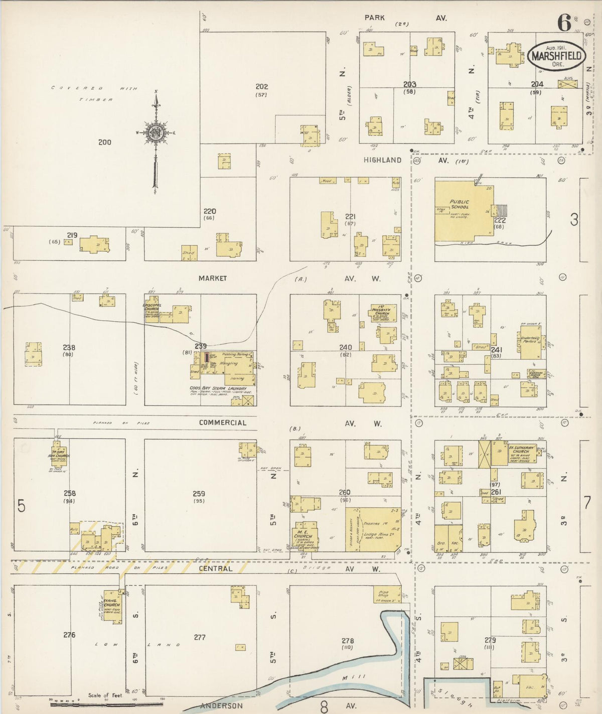 Sanborn Fire Insurance Map from Marshfield, Coos County, Oregon (1911), Sheet #0006 - Historic Sanborn Fire Insurance Map Print, vintage old map wall art, antique decor, genealogy gift, Oregon Oregon map
