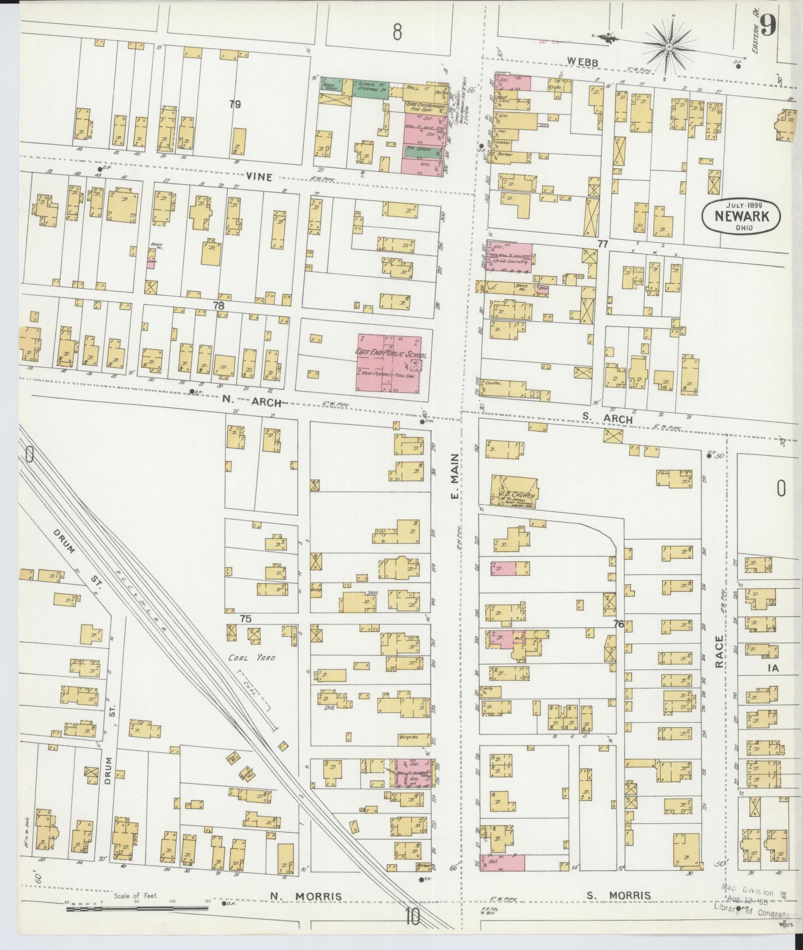 Sanborn Fire Insurance Map from Newark, Licking County, Ohio (1899), Sheet #0009 - Complete Map Set gallery image, historic Sanborn map, vintage wall art, Ohio Ohio