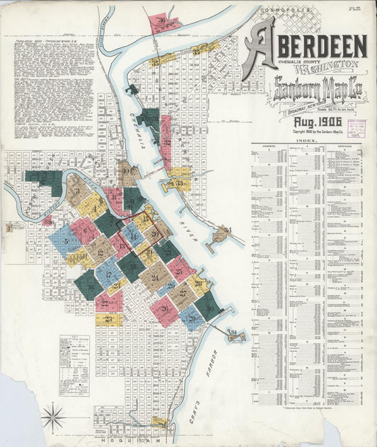 Sanborn Fire Insurance Map from Aberdeen, Grays Harbor County, Washington (1906), Sheet #0001 - Complete Map Set gallery image, historic Sanborn map, vintage wall art, Washington Washington