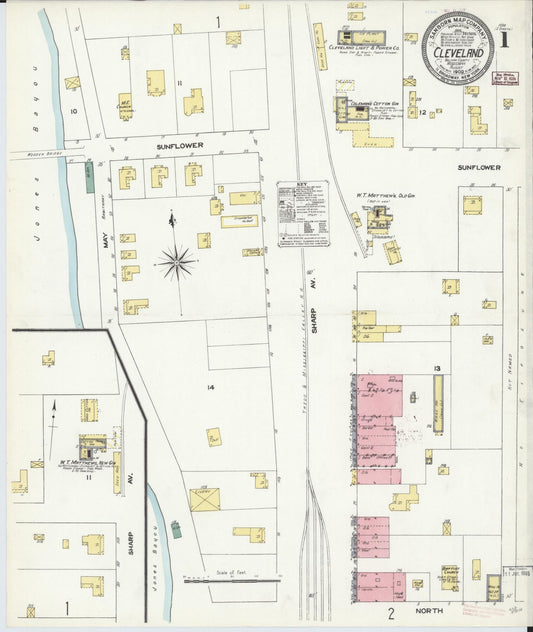 Sanborn Fire Insurance Map from Cleveland, Bolivar County, Mississippi (1909), Sheet #0001 - Historic Sanborn Fire Insurance Map Print, vintage old map wall art, antique decor, genealogy gift, Mississippi Mississippi map