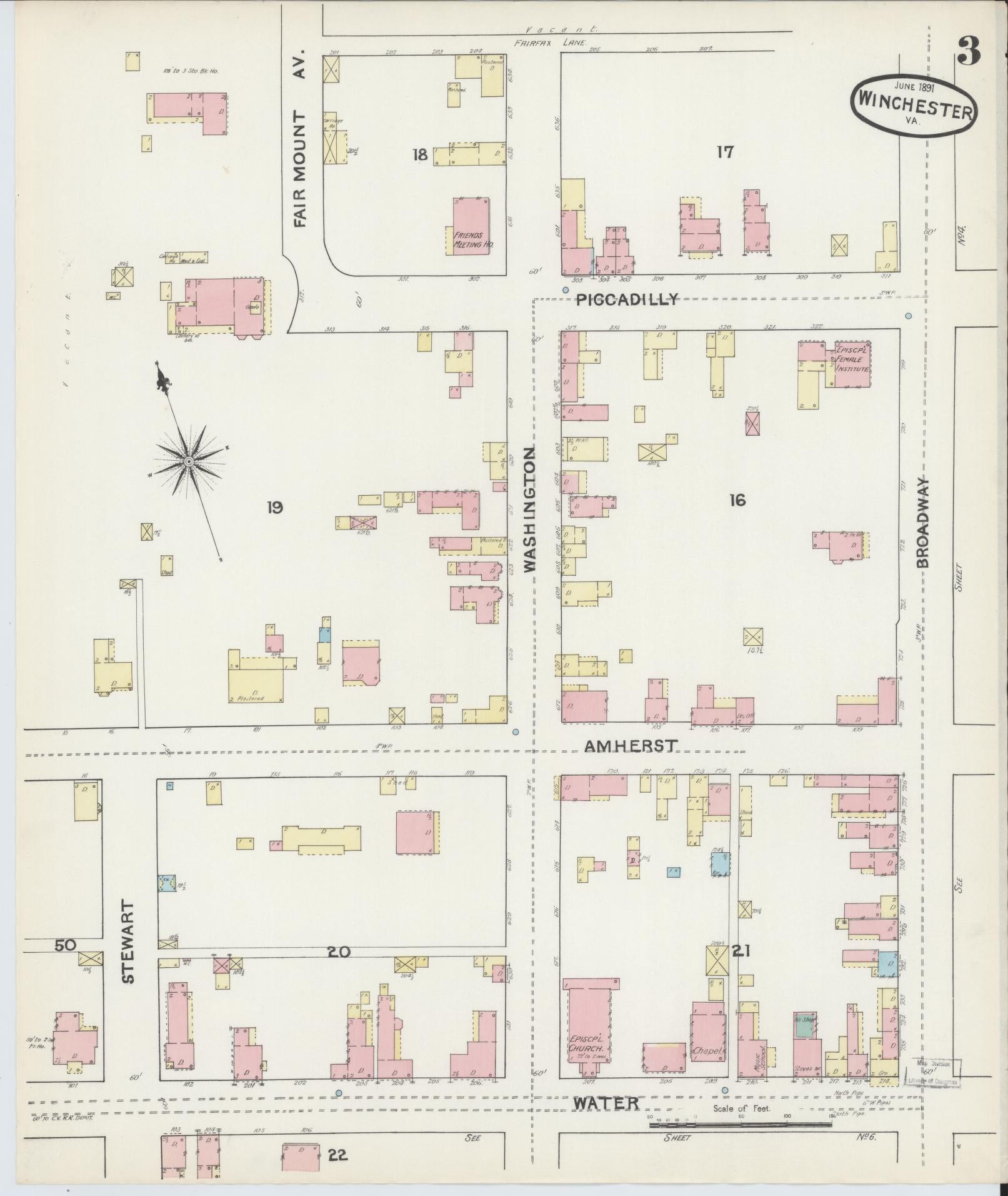 Sanborn Fire Insurance Map from Winchester, Independent Cities, Virginia (1891), Sheet #0003 - Complete Map Set gallery image, historic Sanborn map, vintage wall art, Virginia Virginia