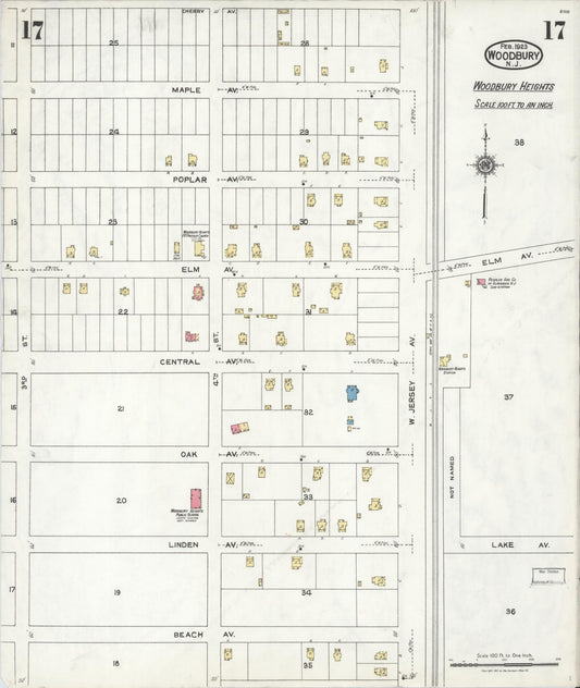 Sanborn Fire Insurance Map from Woodbury, Gloucester County, New Jersey (1923), Sheet #0017 - Historic Sanborn Fire Insurance Map Print, vintage old map wall art, antique decor, genealogy gift, New Jersey New Jersey map