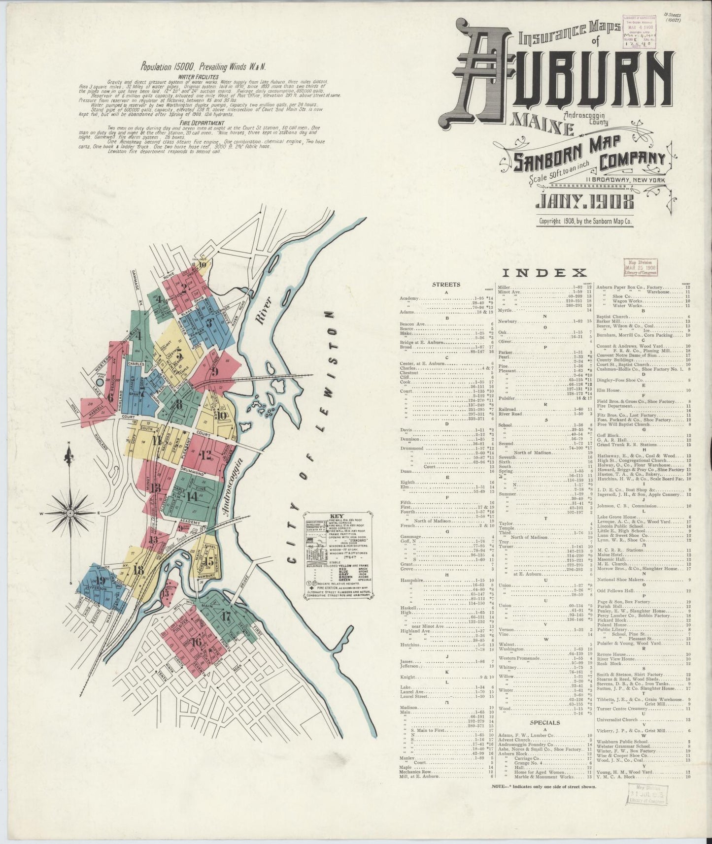 Sanborn Fire Insurance Map from Auburn, Androscoggin County, Maine (1908), Sheet #0001 - Complete Map Set gallery image, historic Sanborn map, vintage wall art, Maine Maine