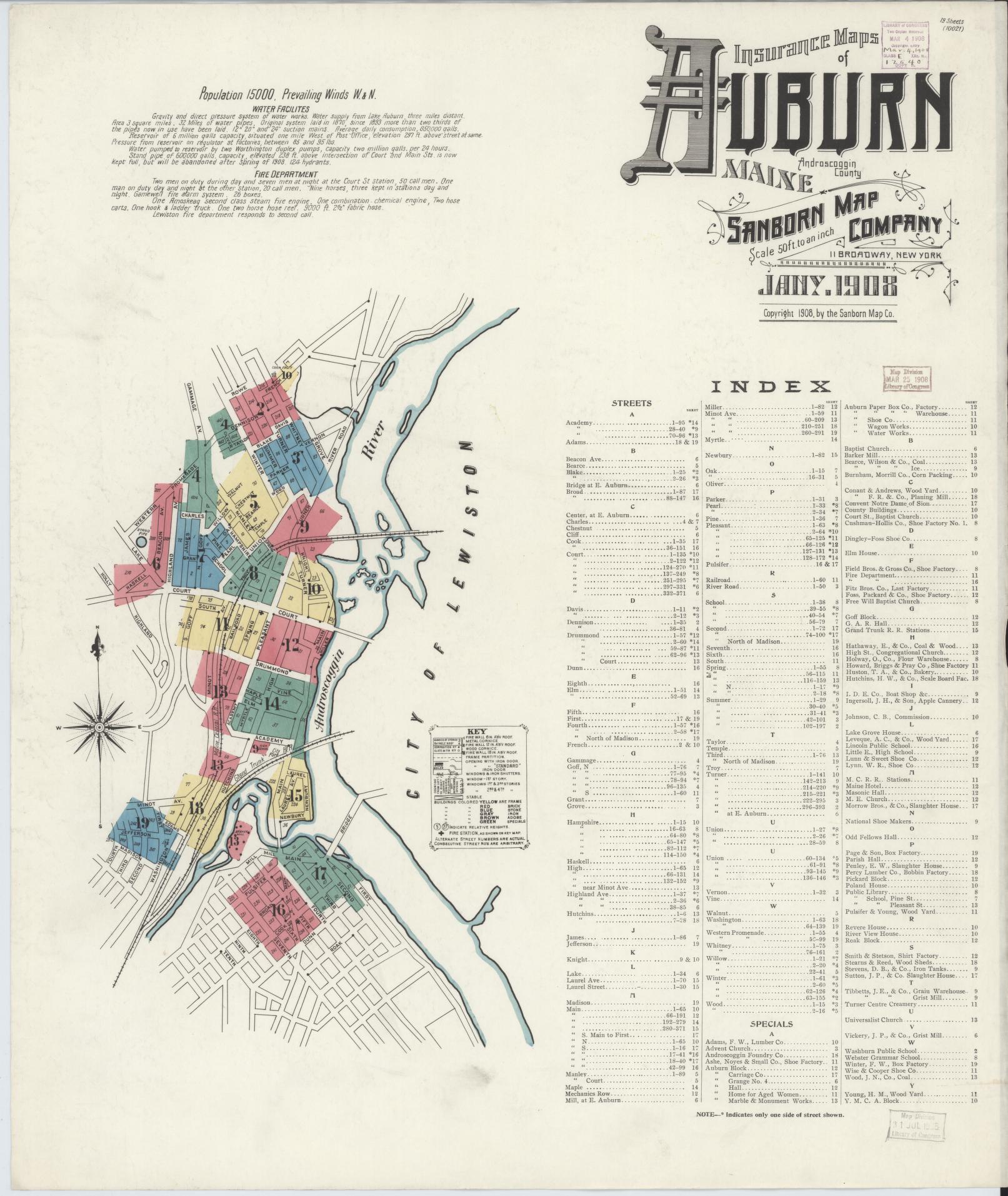 Sanborn Fire Insurance Map from Auburn, Androscoggin County, Maine (1908), Sheet #0001 - Complete Map Set gallery image, historic Sanborn map, vintage wall art, Maine Maine