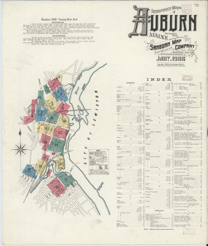 Sanborn Fire Insurance Map from Auburn, Androscoggin County, Maine (1908), Sheet #0001 - Complete Map Set gallery image, historic Sanborn map, vintage wall art, Maine Maine