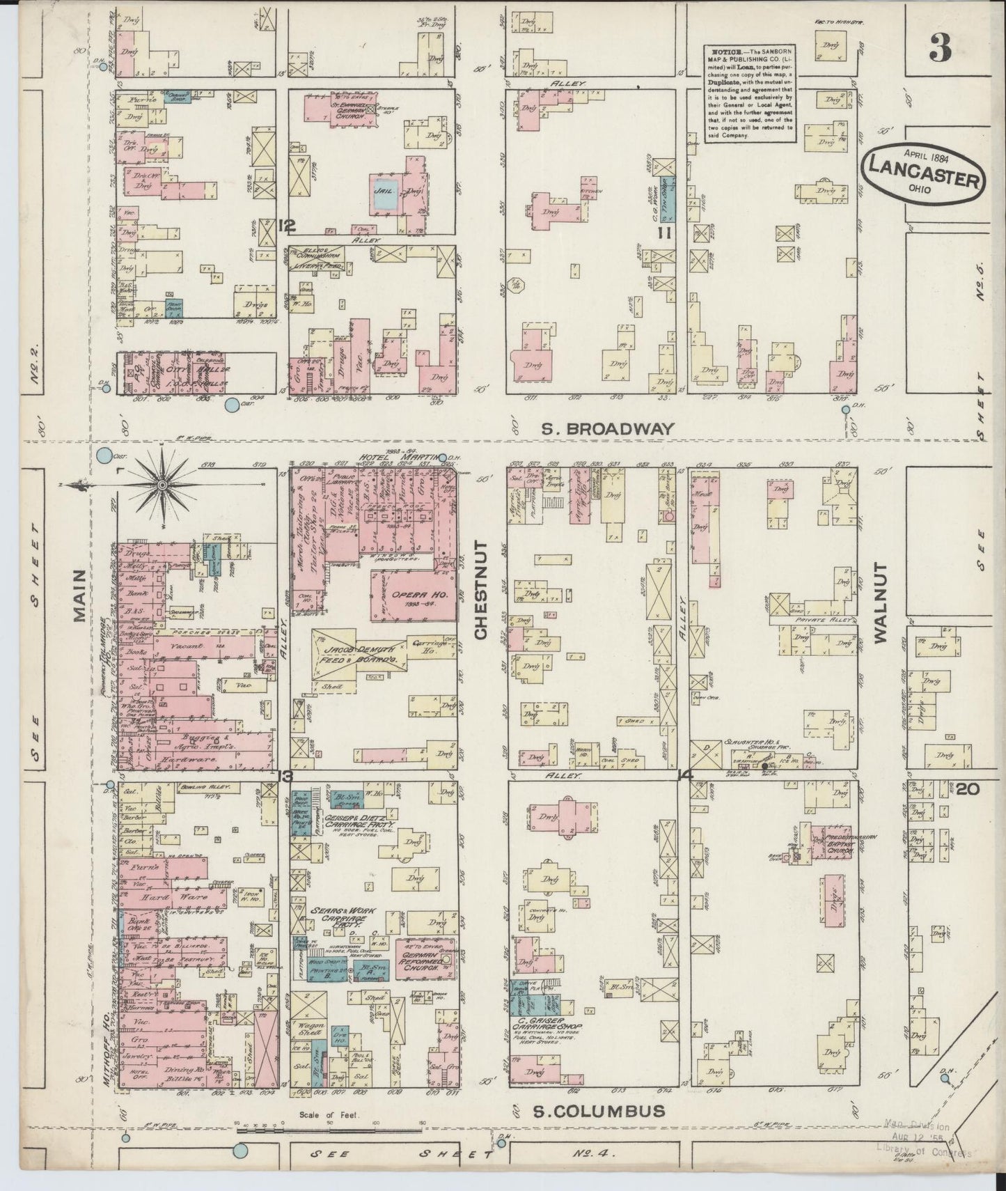 Sanborn Fire Insurance Map from Lancaster, Fairfield County, Ohio (1884), Sheet #0003 - Historic Sanborn Fire Insurance Map Print, vintage old map wall art, antique decor, genealogy gift, Ohio Ohio map