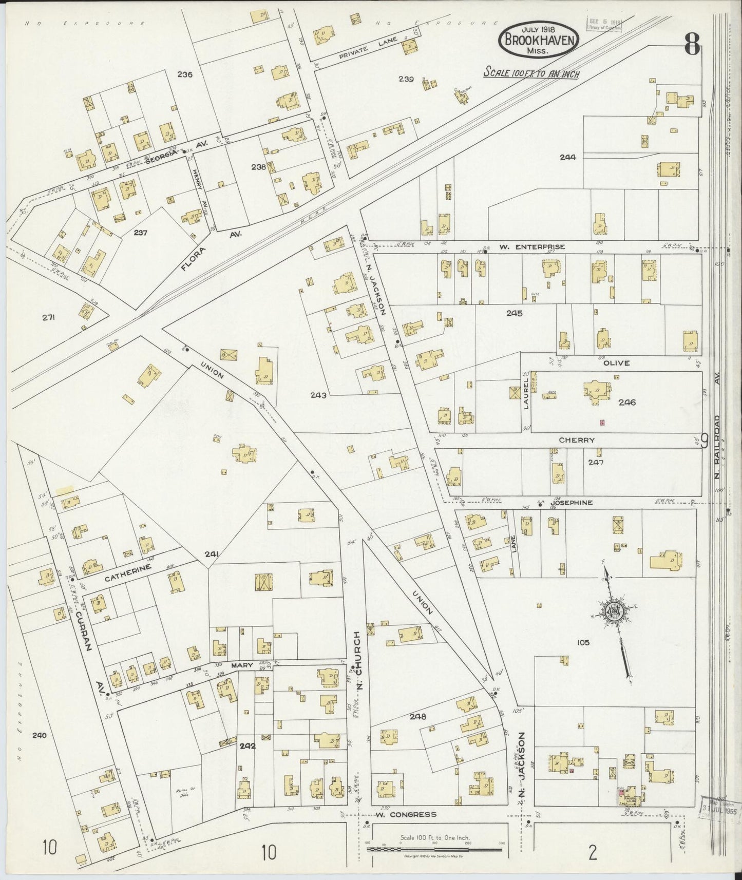 Sanborn Fire Insurance Map from Brookhaven, Lincoln County, Mississippi (1918), Sheet #0008 - Complete Map Set gallery image, historic Sanborn map, vintage wall art, Mississippi Mississippi