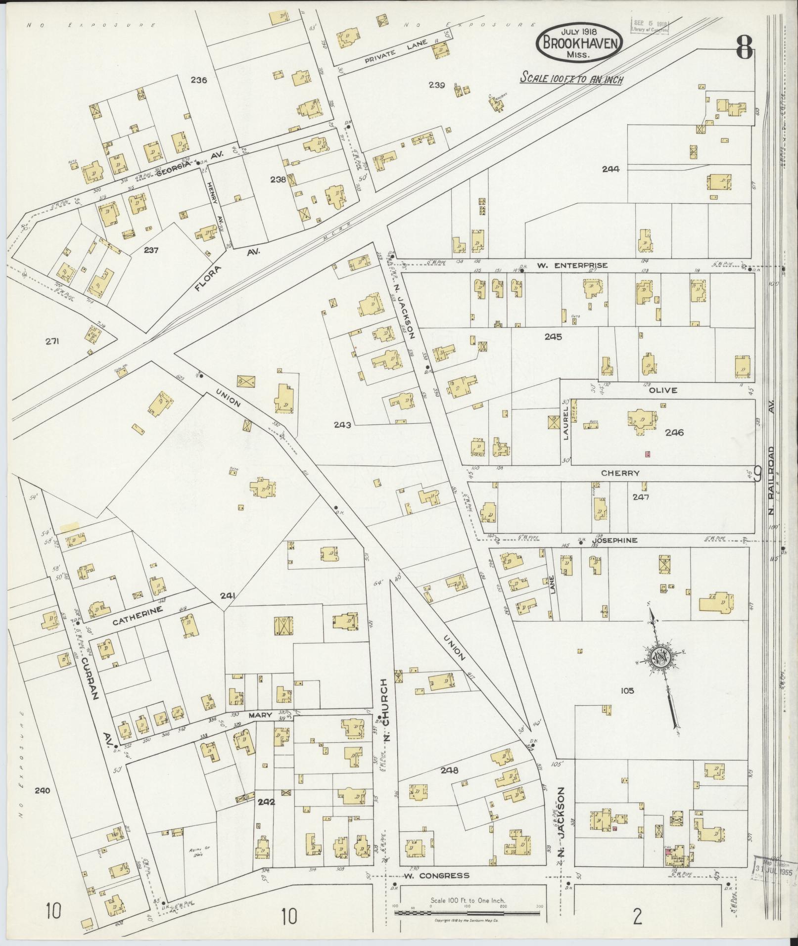 Sanborn Fire Insurance Map from Brookhaven, Lincoln County, Mississippi (1918), Sheet #0008 - Complete Map Set gallery image, historic Sanborn map, vintage wall art, Mississippi Mississippi