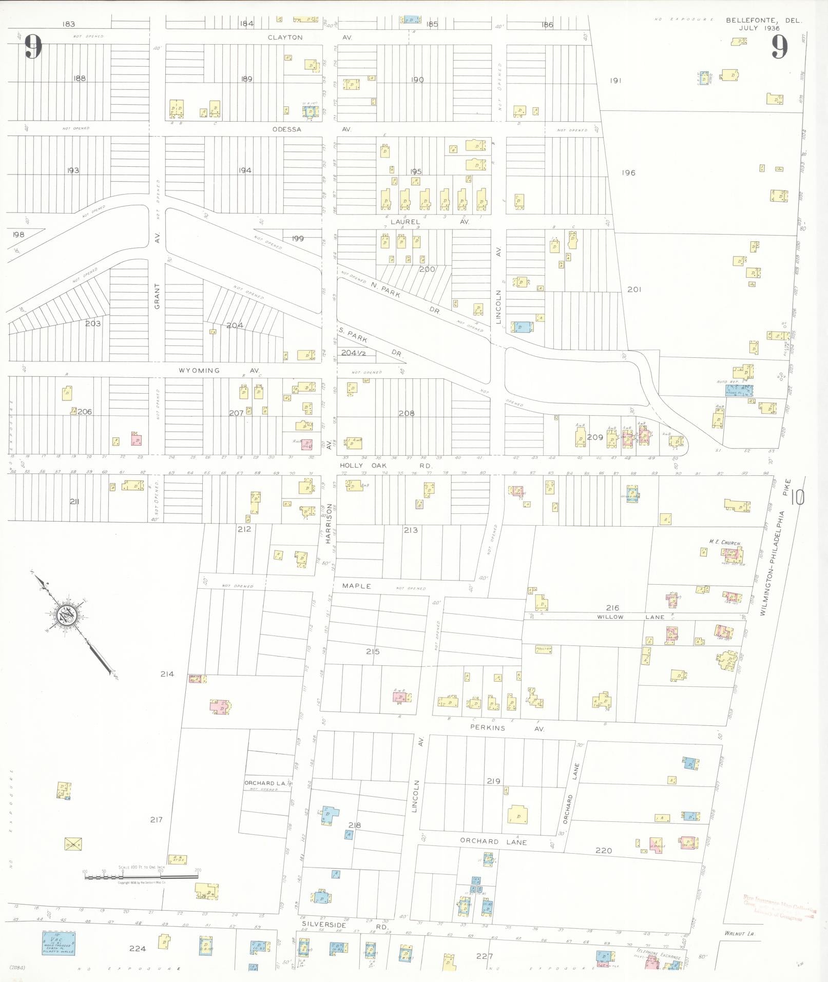 Sanborn Fire Insurance Map from Bellefonte, New Castle County, Delaware (1936), Sheet #0009 - Historic Sanborn Fire Insurance Map Print, vintage old map wall art, antique decor, genealogy gift, Delaware Delaware map