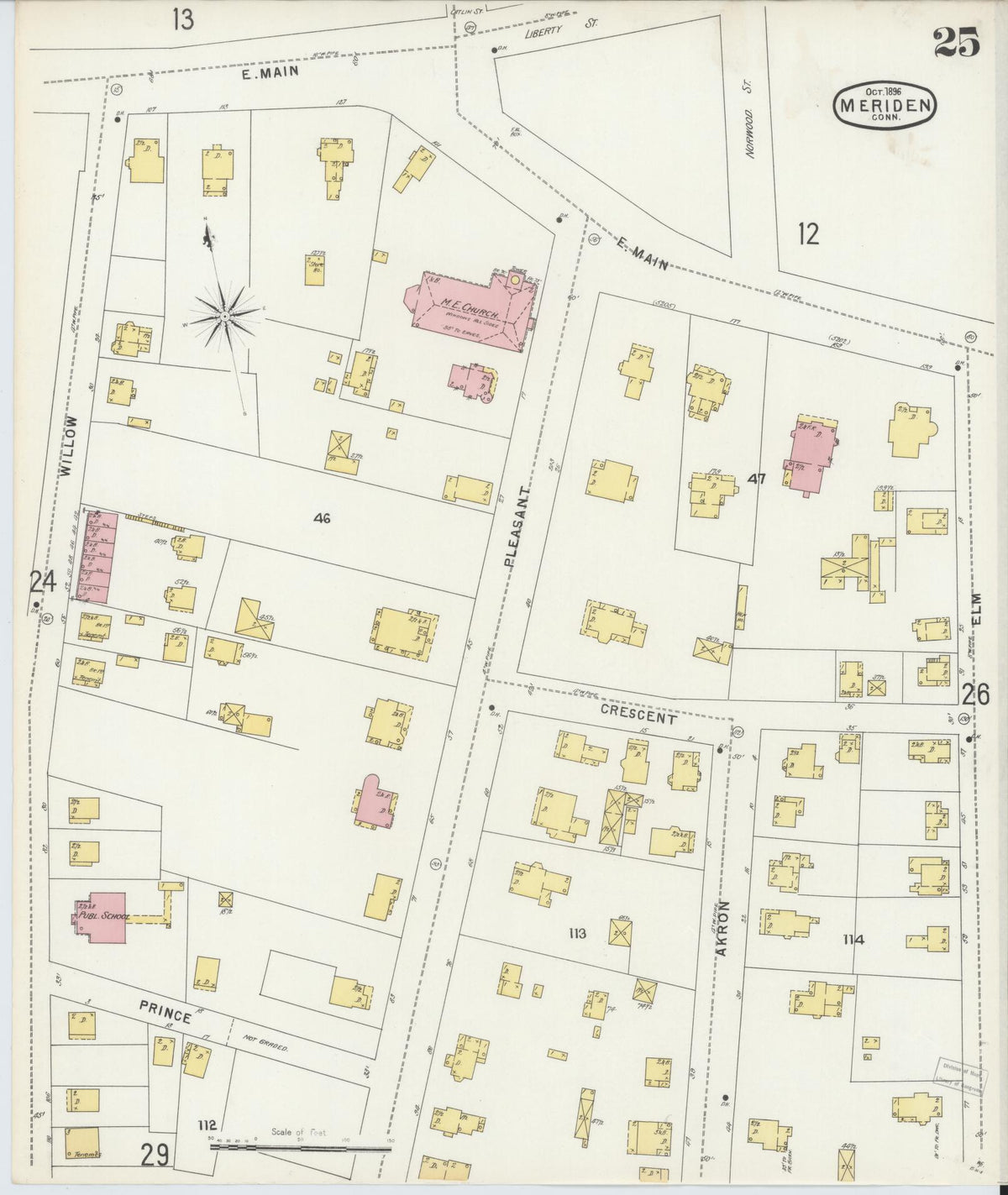 Sanborn Fire Insurance Map from Meriden, New Haven County, Connecticut (1896), Sheet #0025 - Historic Sanborn Fire Insurance Map Print, vintage old map wall art, antique decor, genealogy gift, Connecticut Connecticut map