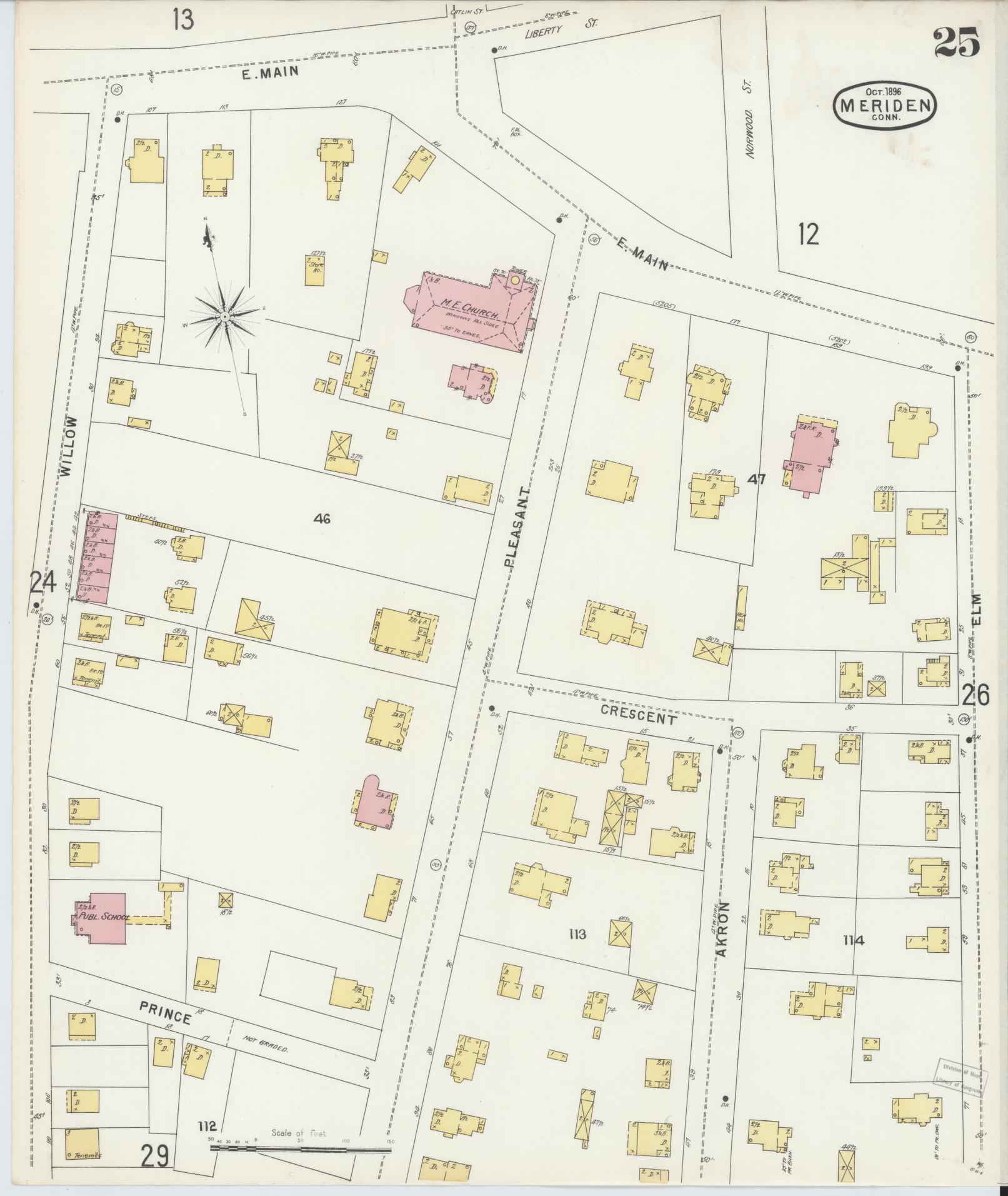 Sanborn Fire Insurance Map from Meriden, New Haven County, Connecticut (1896), Sheet #0025 - Historic Sanborn Fire Insurance Map Print, vintage old map wall art, antique decor, genealogy gift, Connecticut Connecticut map