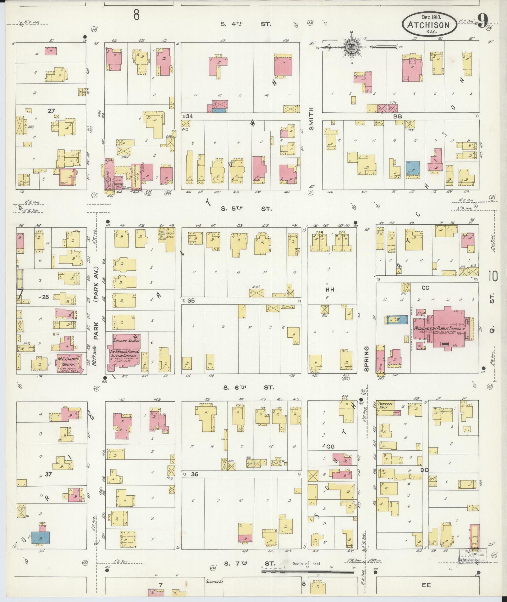 Sanborn Fire Insurance Map from Atchison, Atchison County, Kansas (1910), Sheet #0009 - Historic Sanborn Fire Insurance Map Print, vintage old map wall art, antique decor, genealogy gift, Kansas Kansas map
