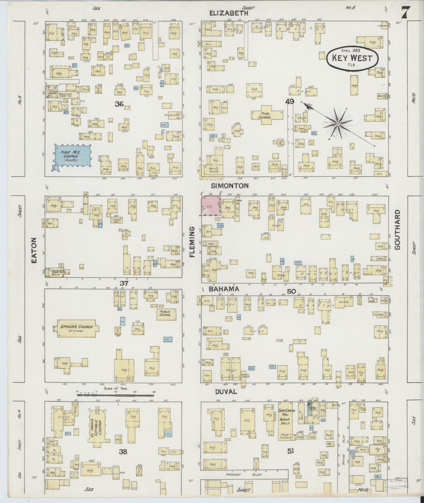 Sanborn Fire Insurance Map from Key West, Monroe County, Florida (1889), Sheet #0007 - Complete Map Set gallery image, historic Sanborn map, vintage wall art, Florida Florida