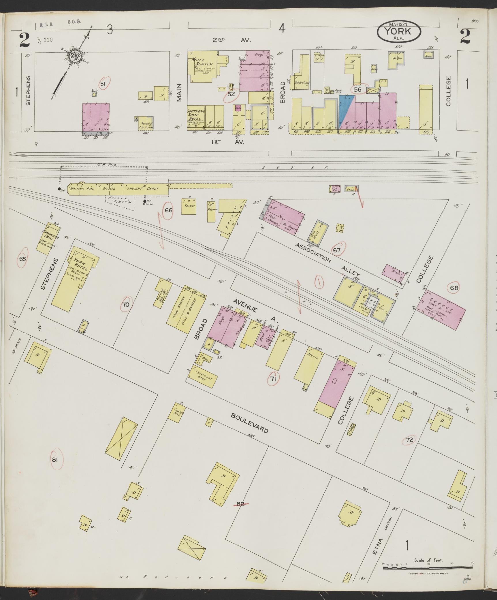 Sanborn Fire Insurance Map from York, Sumter County, Alabama (1924), Sheet #0002 - Complete Map Set gallery image, historic Sanborn map, vintage wall art, Alabama Alabama