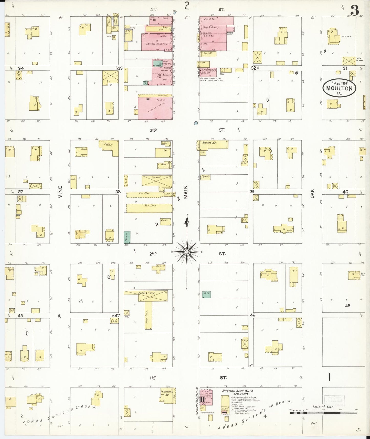Sanborn Fire Insurance Map from Moulton, Appanoose County, Iowa (1907), Sheet #0003 - Historic Sanborn Fire Insurance Map Print