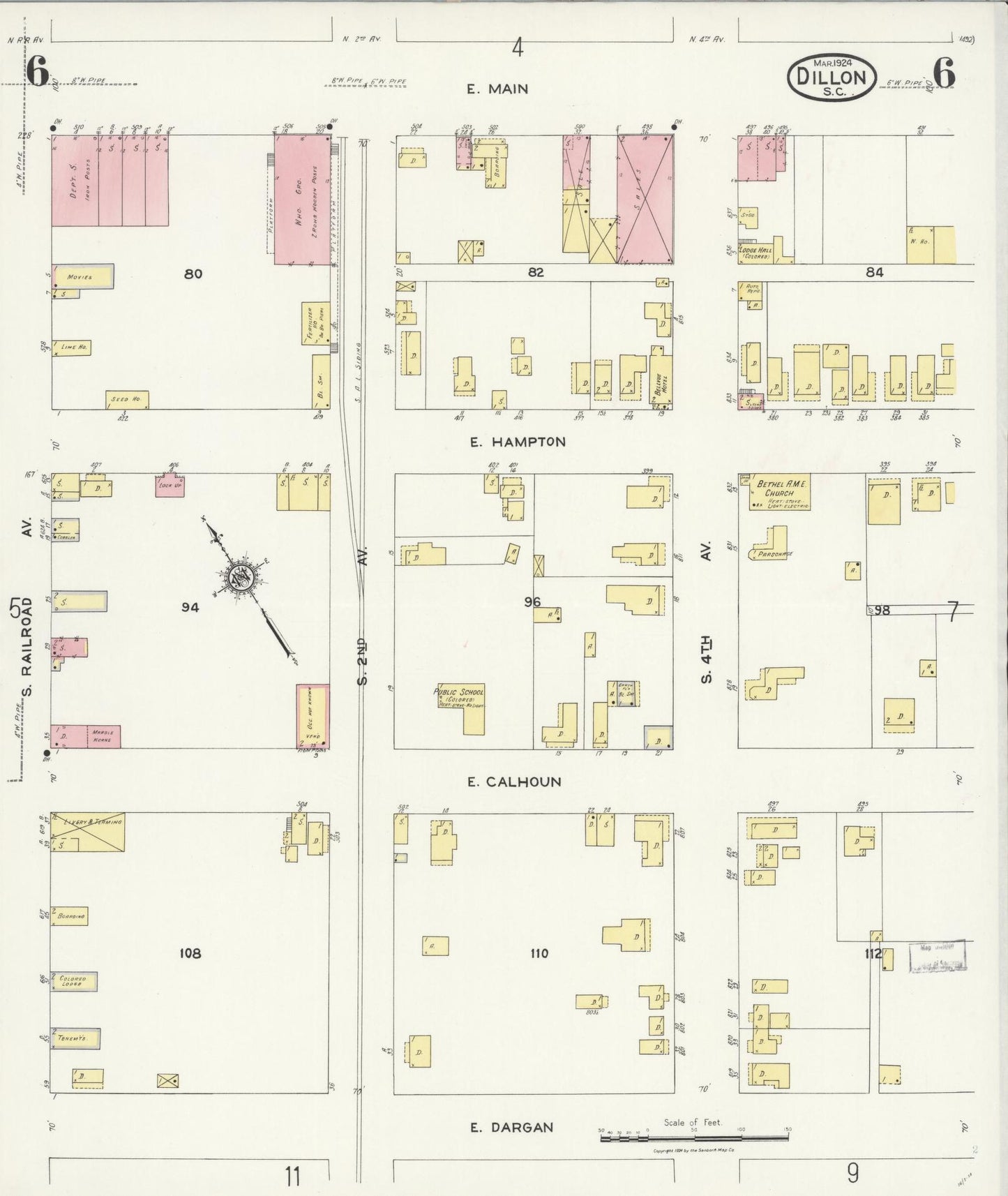 Sanborn Fire Insurance Map from Dillon, Dillon County, South Carolina (1924), Sheet #0006 - Complete Map Set gallery image, historic Sanborn map, vintage wall art, South Carolina South Carolina
