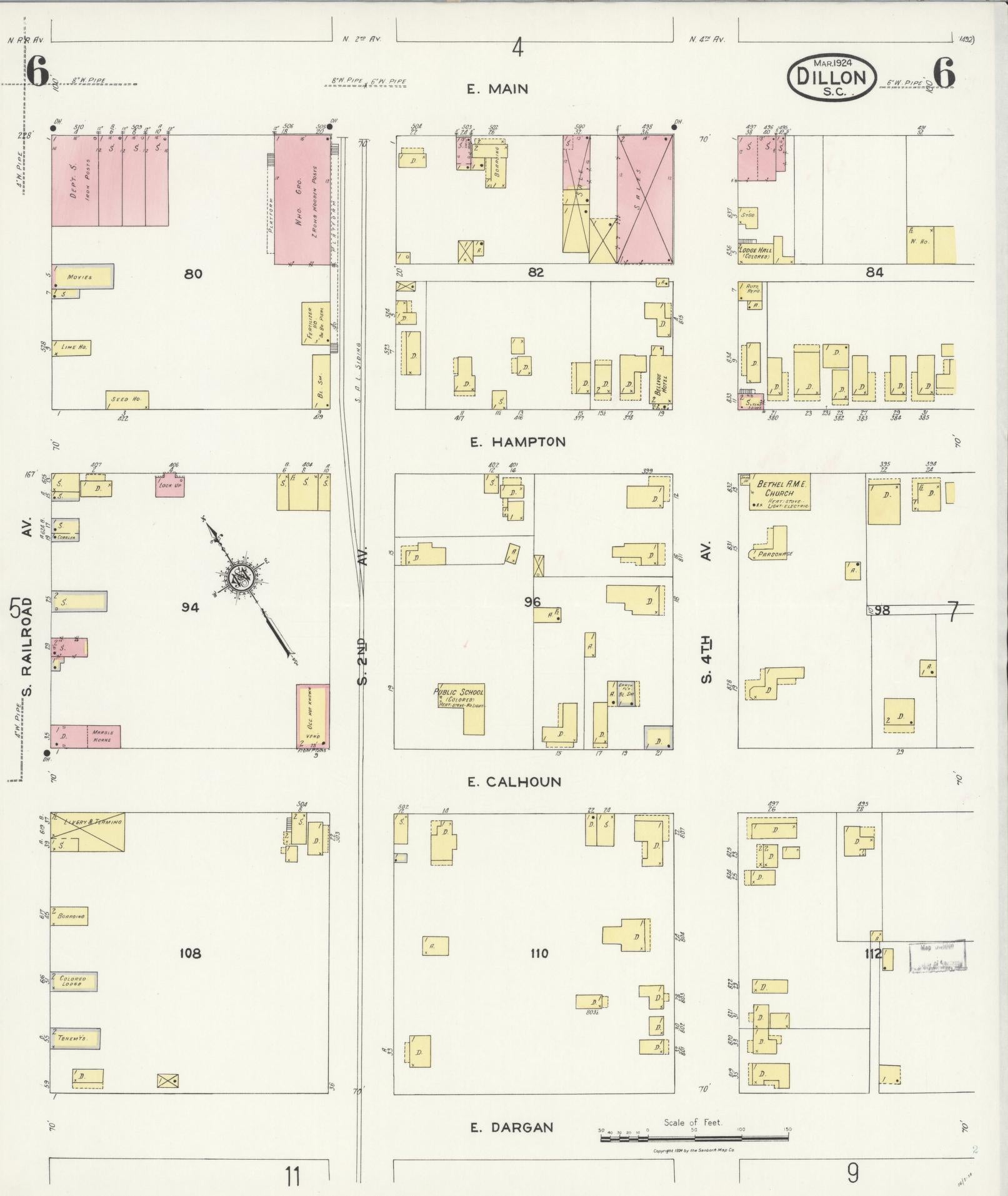 Sanborn Fire Insurance Map from Dillon, Dillon County, South Carolina (1924), Sheet #0006 - Complete Map Set gallery image, historic Sanborn map, vintage wall art, South Carolina South Carolina