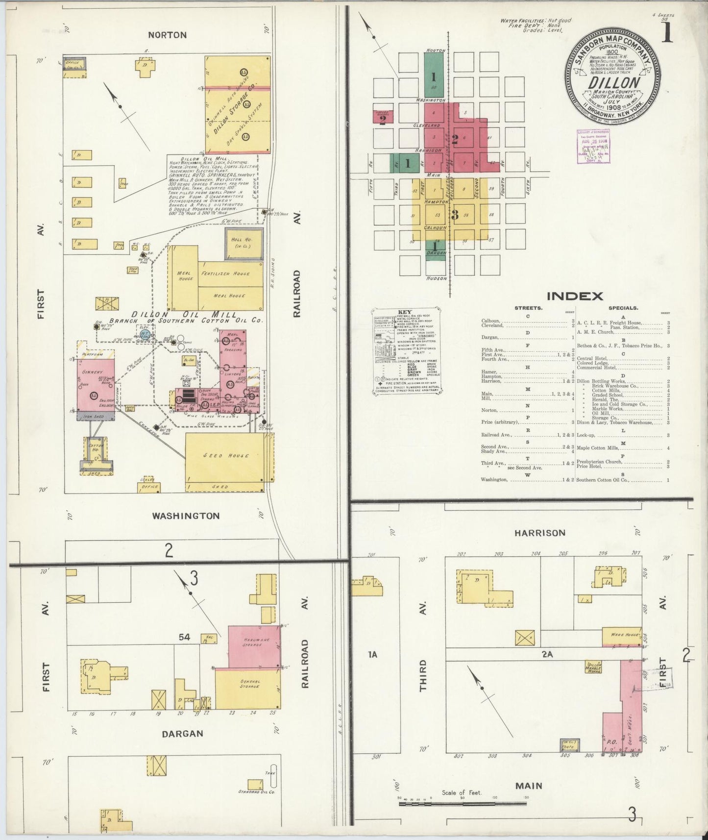 Sanborn Fire Insurance Map from Dillon, Dillon County, South Carolina (1908), Sheet #0001 - Complete Map Set gallery image, historic Sanborn map, vintage wall art, South Carolina South Carolina