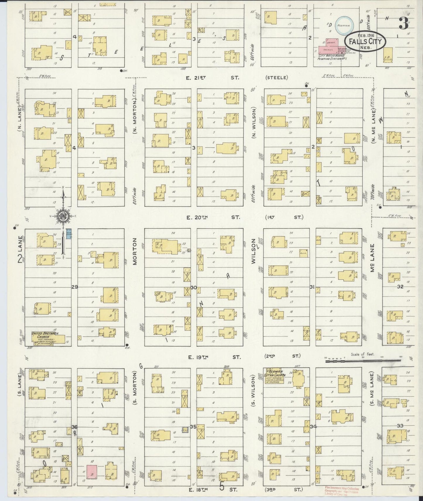 Sanborn Fire Insurance Map from Falls City, Richardson County, Nebraska (1916), Sheet #0003 - Complete Map Set gallery image, historic Sanborn map, vintage wall art, Nebraska Nebraska