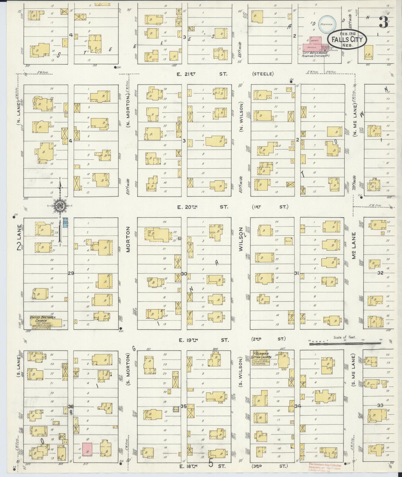 Sanborn Fire Insurance Map from Falls City, Richardson County, Nebraska (1916), Sheet #0003 - Complete Map Set gallery image, historic Sanborn map, vintage wall art, Nebraska Nebraska