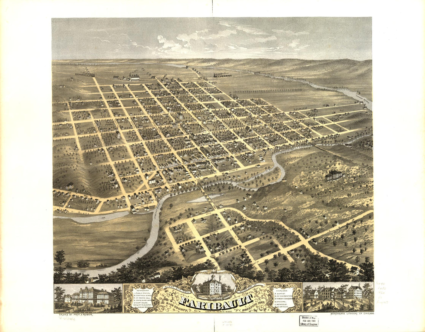 Bird's eye view of the city of Faribault, Rice County, Minnesota 1869. (1869) – Historic Bird’s-Eye View Panorama Print