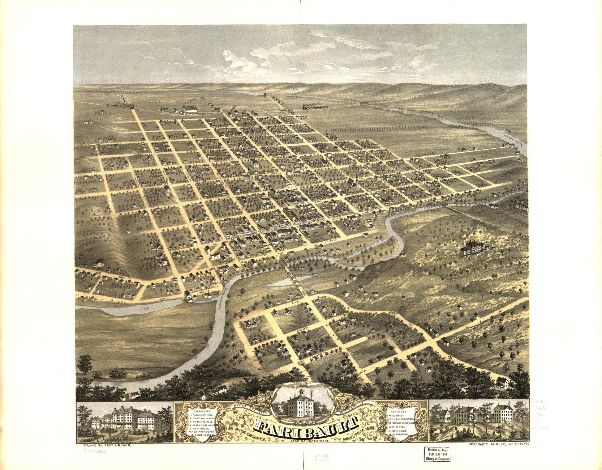 Bird's eye view of the city of Faribault, Rice County, Minnesota 1869. (1869) – Historic Bird’s-Eye View Panorama Print