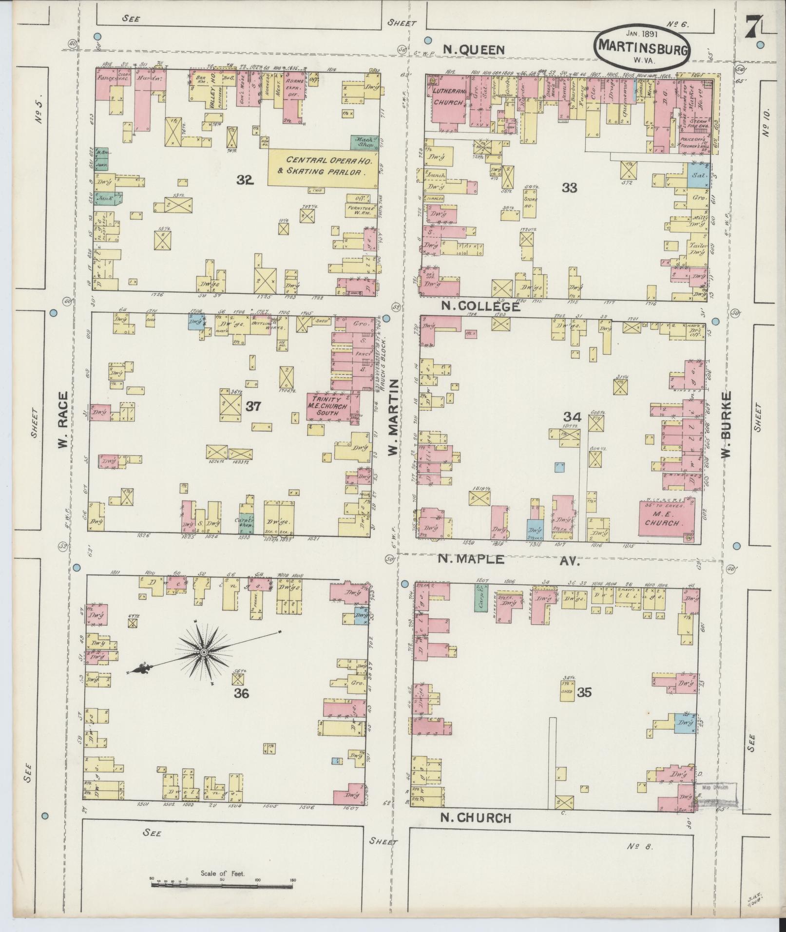 Sanborn Fire Insurance Map from Martinsburg, Berkeley County, West Virginia (1891), Sheet #0007 - Complete Map Set gallery image, historic Sanborn map, vintage wall art, West Virginia West Virginia