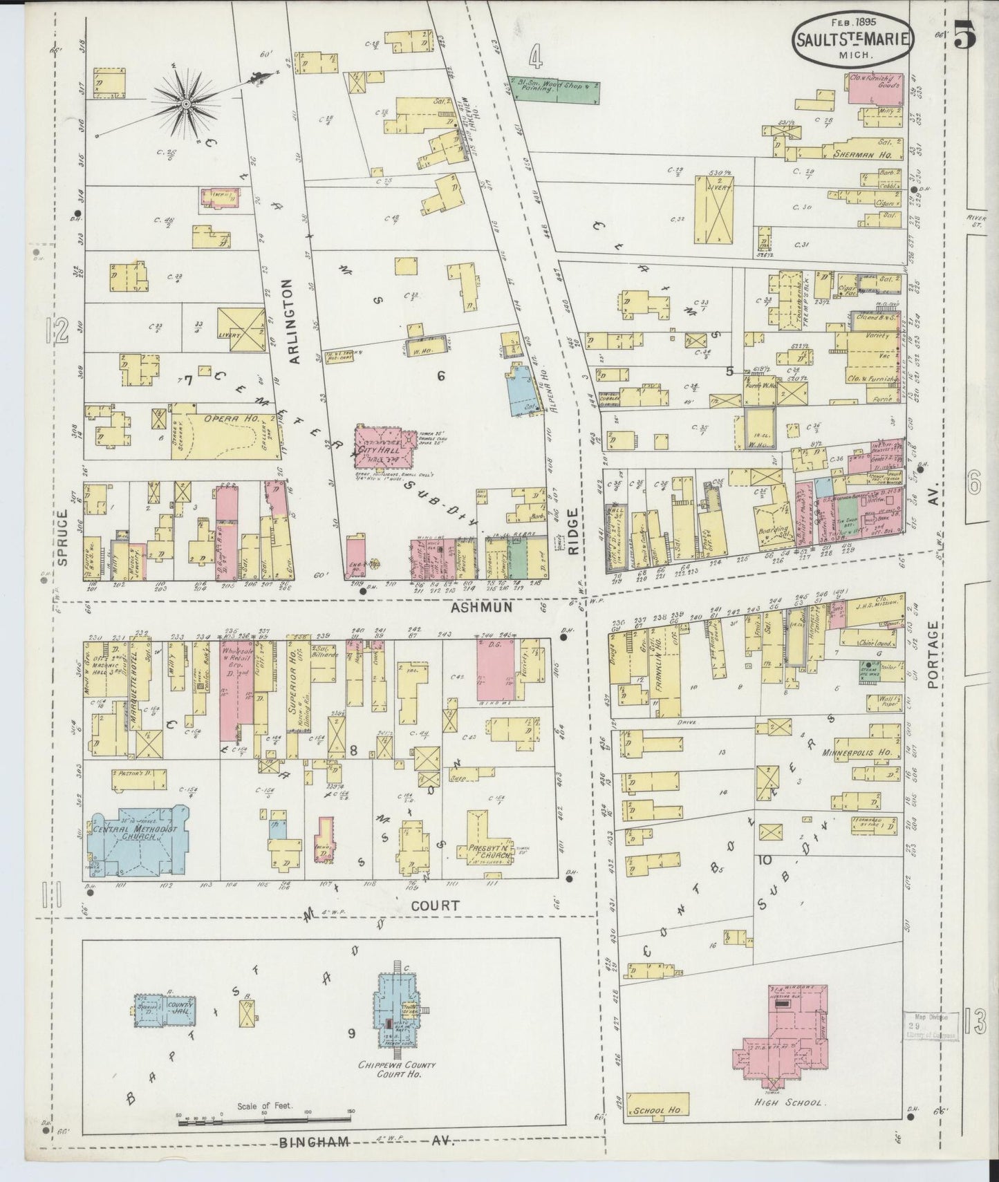 Sanborn Fire Insurance Map from Sault Sainte Marie, Chippewa County, Michigan (1895), Sheet #0005 - Historic Sanborn Fire Insurance Map Print, vintage old map wall art, antique decor, genealogy gift, Michigan Michigan map