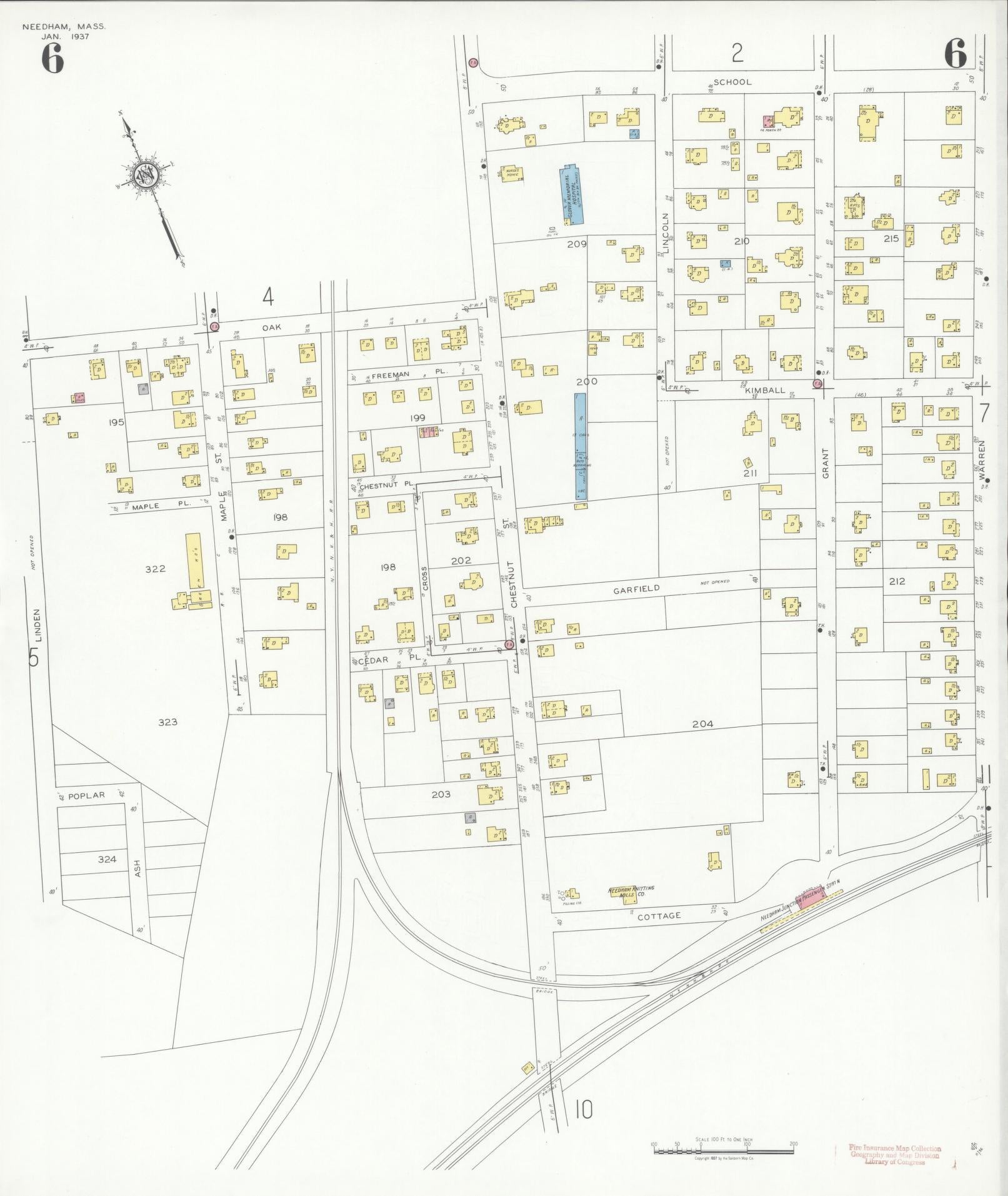 Sanborn Fire Insurance Map from Needham, Norfolk County, Massachusetts (1937), Sheet #0006 - Complete Map Set gallery image, historic Sanborn map, vintage wall art, Massachusetts Massachusetts