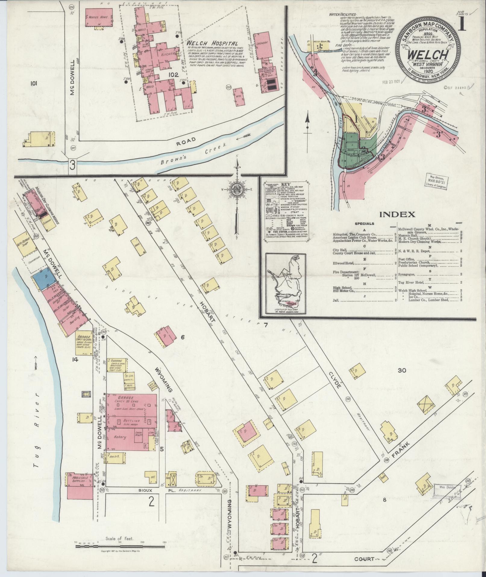 Sanborn Fire Insurance Map from Welch, Mcdowell County, West Virginia (1920), Sheet #0001 - Complete Map Set gallery image, historic Sanborn map, vintage wall art, West Virginia West Virginia