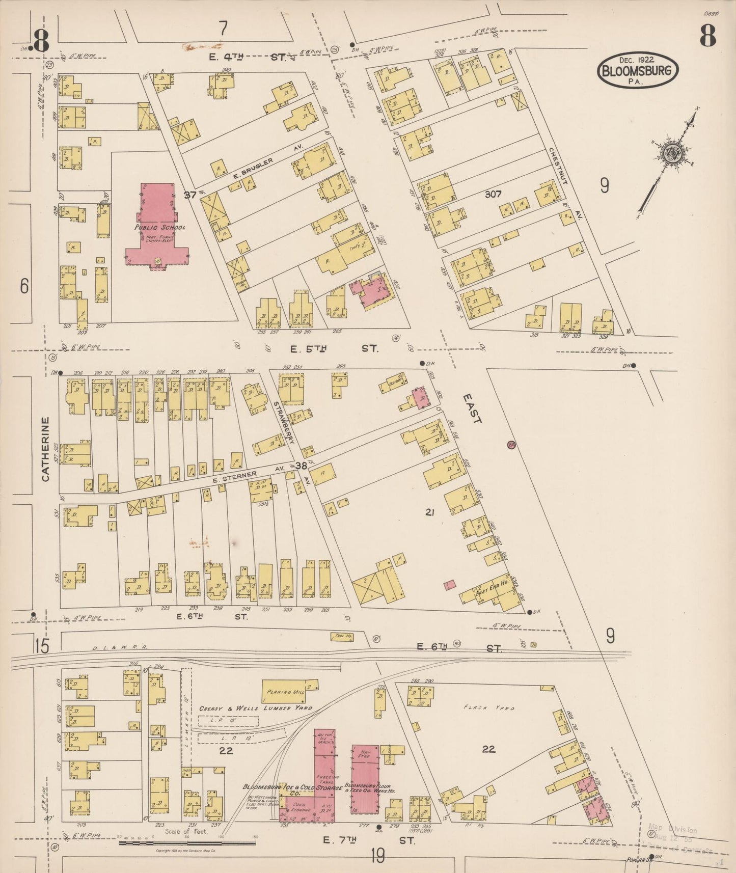 Sanborn Fire Insurance Map from Bloomsburg, Columbia County, Pennsylvania (1922), Sheet #0008 - Historic Sanborn Fire Insurance Map Print, vintage old map wall art, antique decor, genealogy gift, Pennsylvania Pennsylvania map