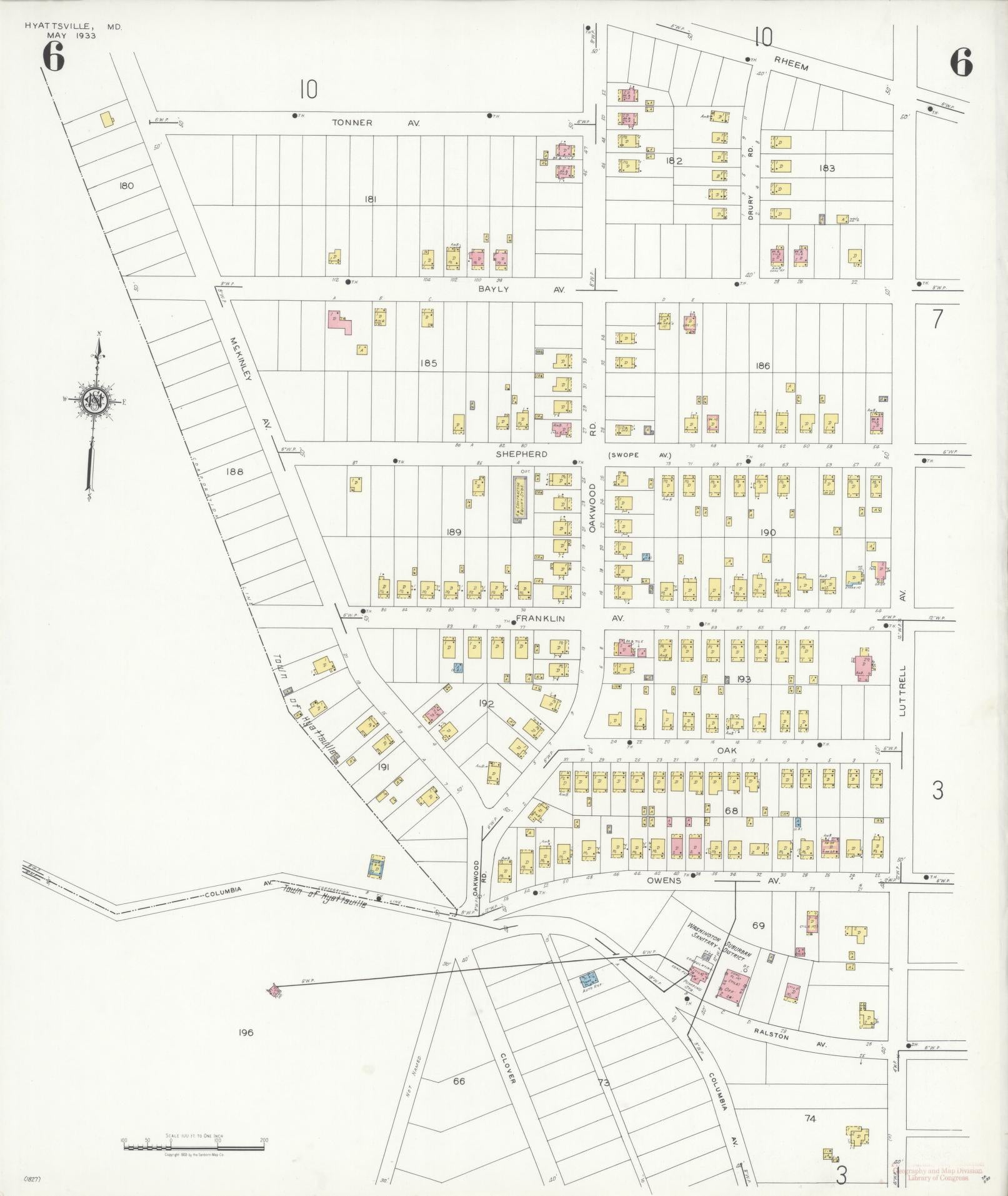 Sanborn Fire Insurance Map from Hyattsville, Prince Georges County, Maryland (1933), Sheet #0006 - Historic Sanborn Fire Insurance Map Print, vintage old map wall art