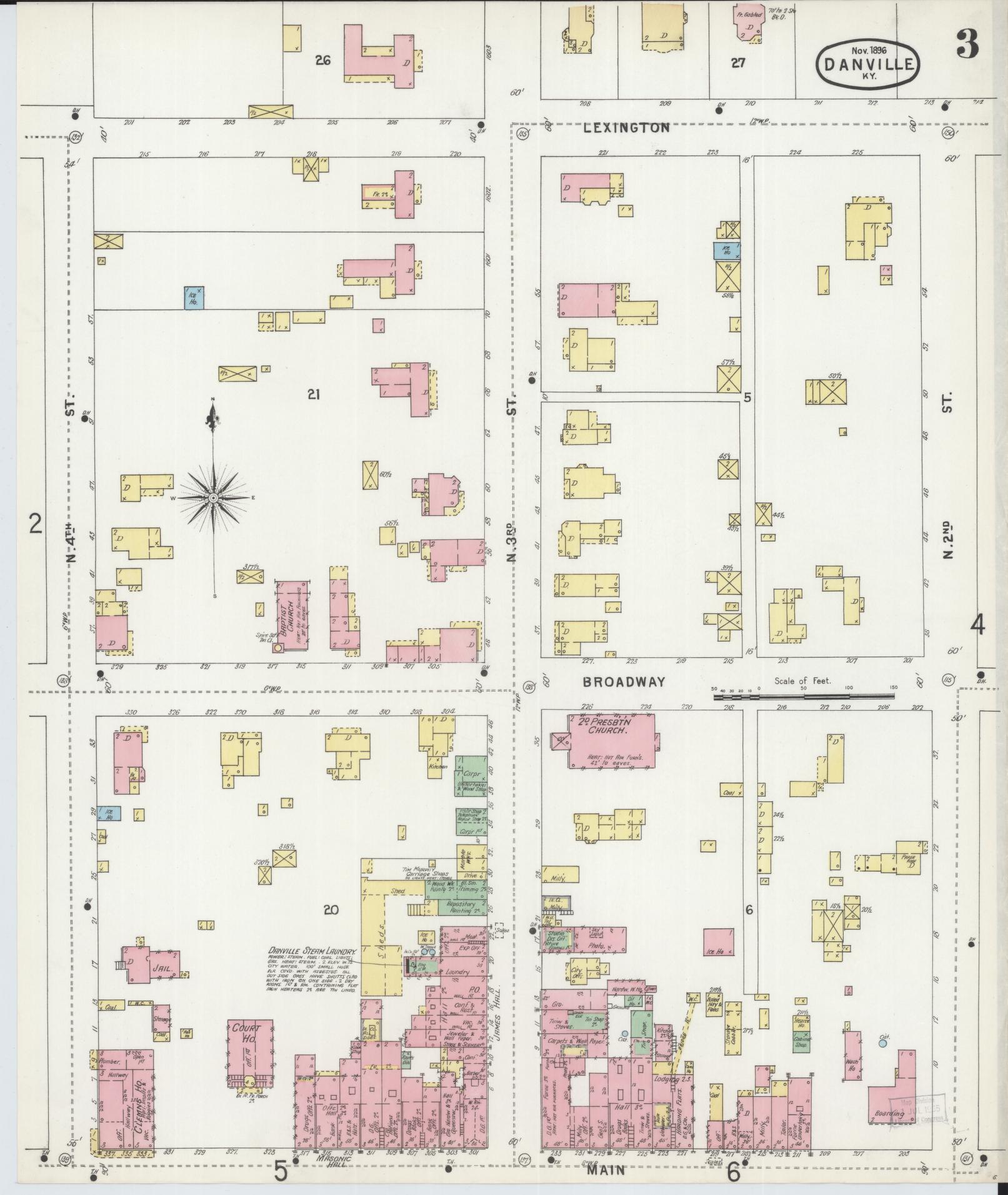 Sanborn Fire Insurance Map from Danville, Boyle County, Kentucky (1896), Sheet #0003 - Complete Map Set gallery image, historic Sanborn map, vintage wall art, Kentucky Kentucky