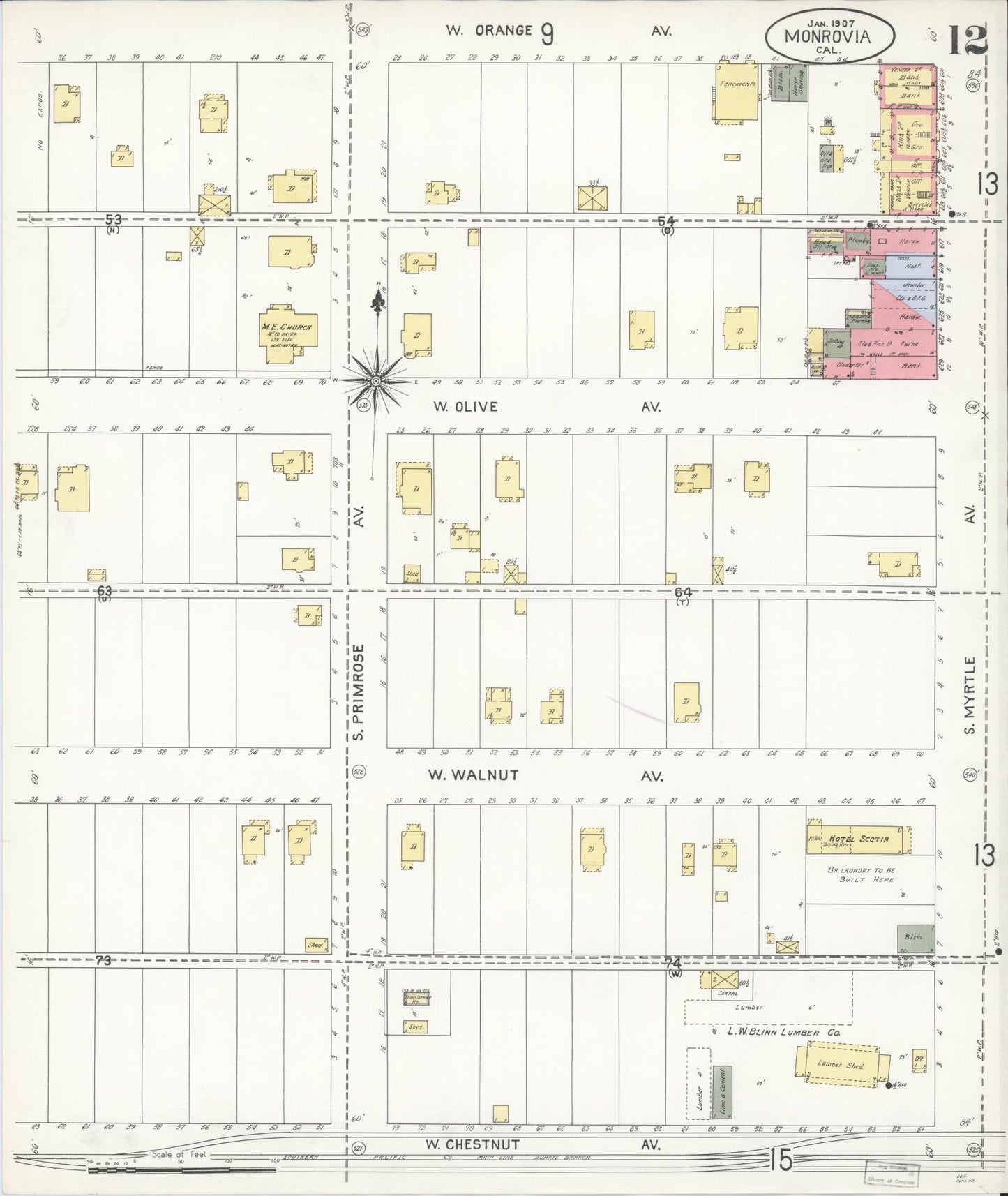 Sanborn Fire Insurance Map from Monrovia, Los Angeles County, California (1907), Sheet #0012 - Complete Map Set gallery image, historic Sanborn map, vintage wall art, California California