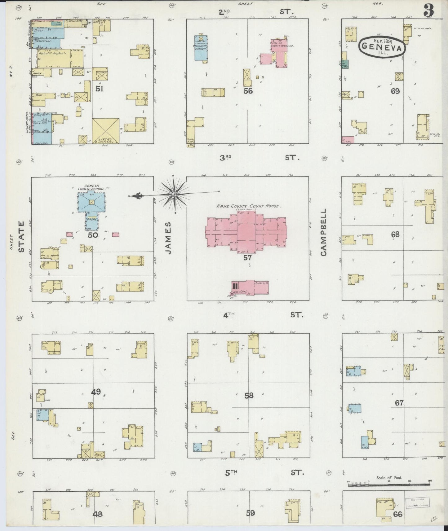 Sanborn Fire Insurance Map from Geneva, Kane County, Illinois (1891), Sheet #0003 - Complete Map Set gallery image, historic Sanborn map, vintage wall art, Illinois Illinois