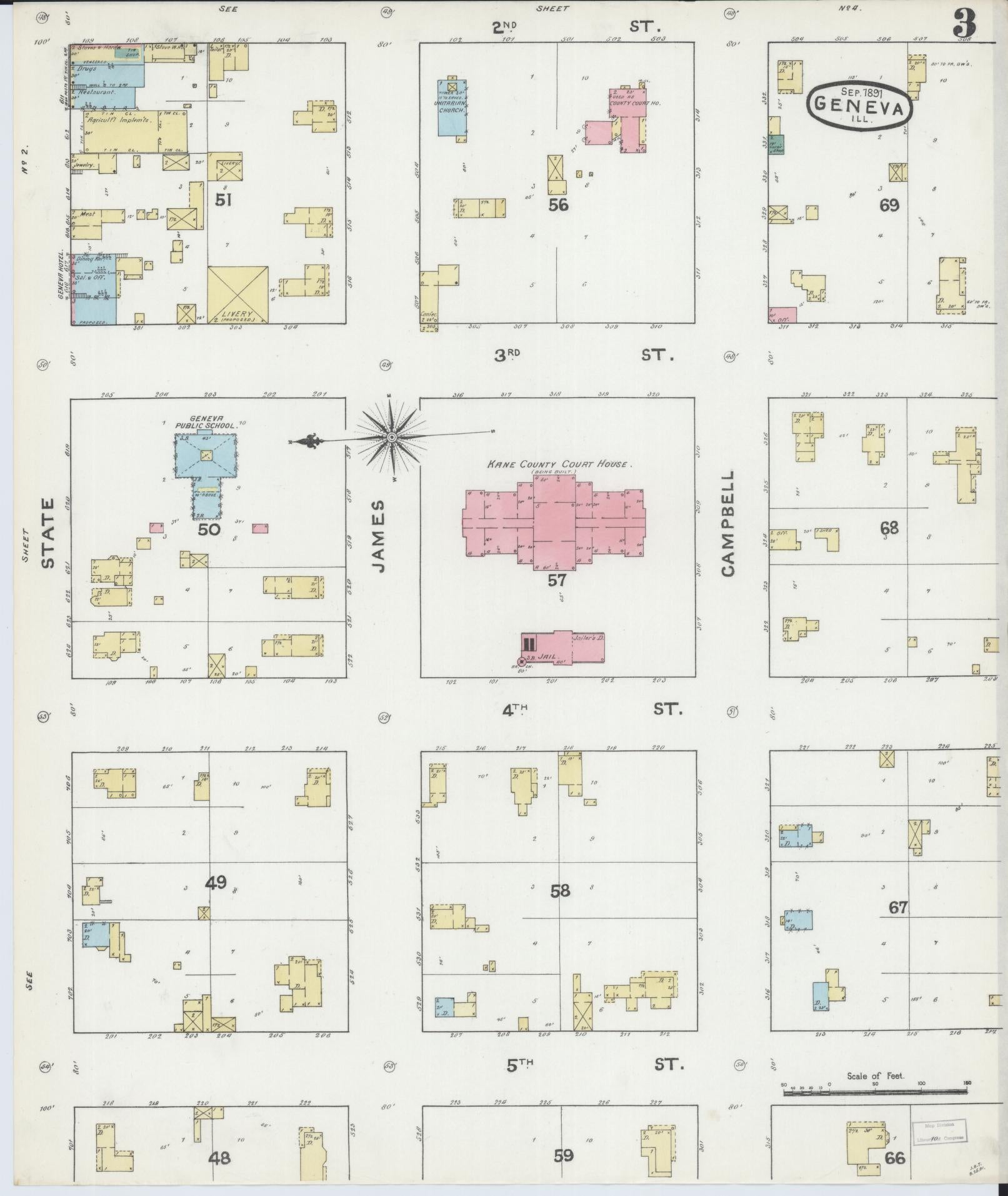 Sanborn Fire Insurance Map from Geneva, Kane County, Illinois (1891), Sheet #0003 - Complete Map Set gallery image, historic Sanborn map, vintage wall art, Illinois Illinois