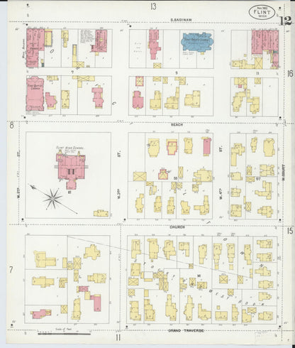 Sanborn Fire Insurance Map from Flint, Genesee County, Michigan (1902), Sheet #0012 - Complete Map Set gallery image, historic Sanborn map, vintage wall art, Michigan Michigan
