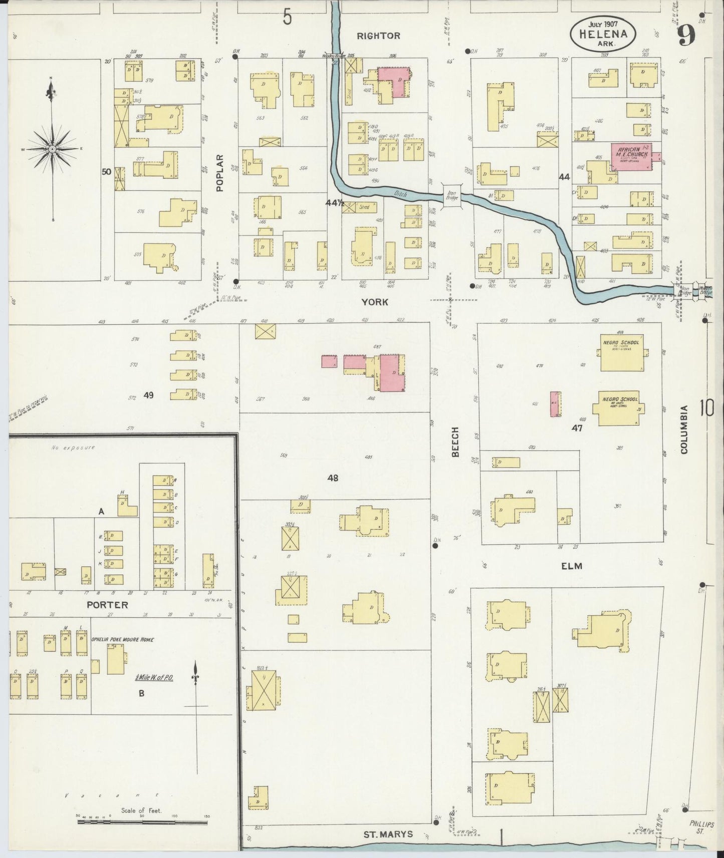 Sanborn Fire Insurance Map from Helena, Phillips County, Arkansas (1907), Sheet #0009 - Complete Map Set gallery image, historic Sanborn map, vintage wall art, Arkansas Arkansas
