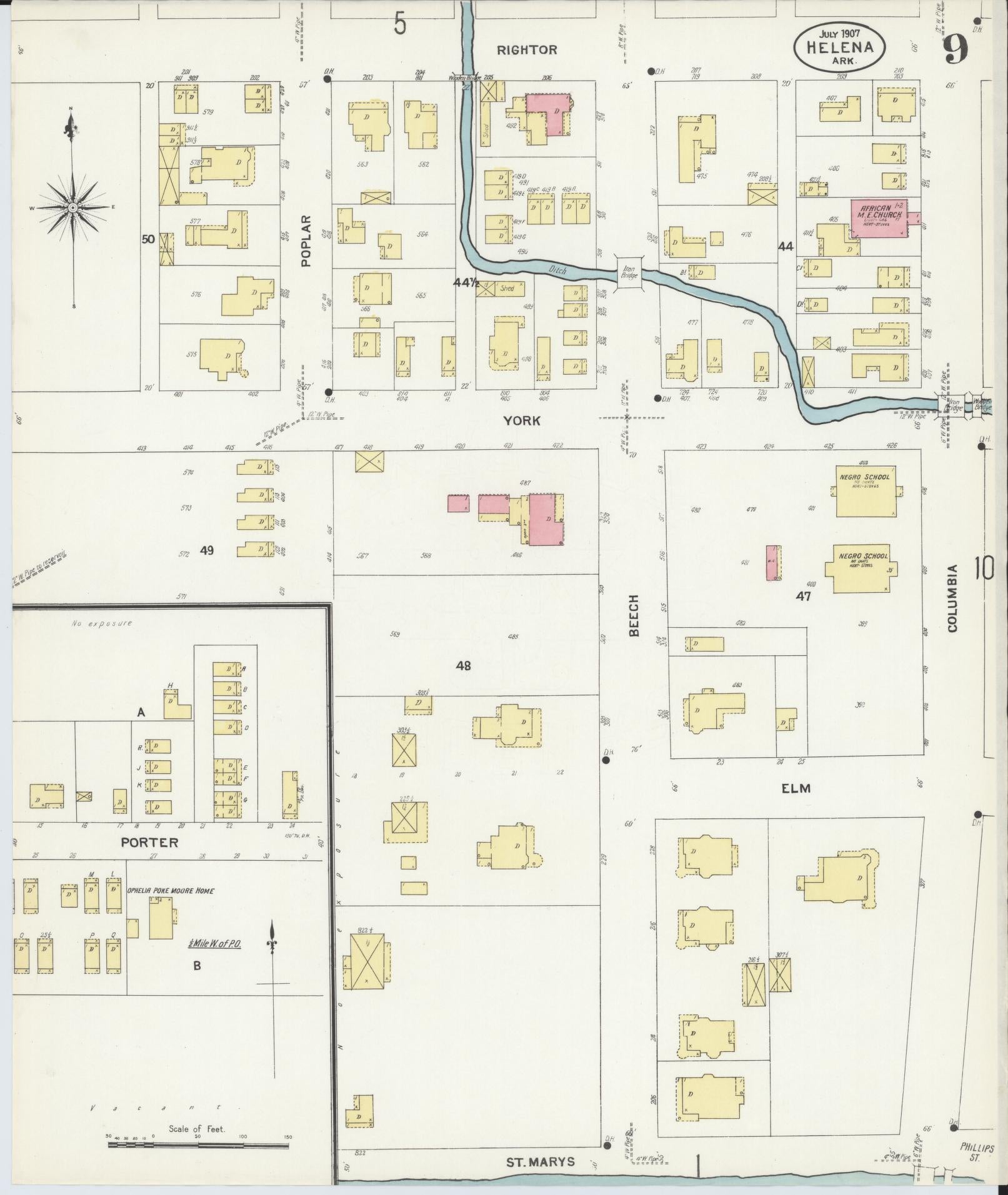 Sanborn Fire Insurance Map from Helena, Phillips County, Arkansas (1907), Sheet #0009 - Complete Map Set gallery image, historic Sanborn map, vintage wall art, Arkansas Arkansas