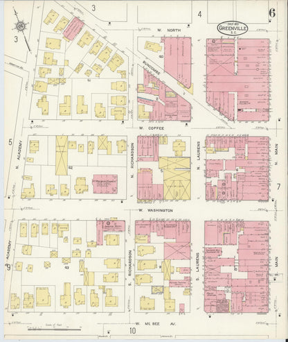 Sanborn Fire Insurance Map from Greenville, Greenville County, South Carolina (1913), Sheet #0006 - Complete Map Set gallery image, historic Sanborn map, vintage wall art, South Carolina South Carolina